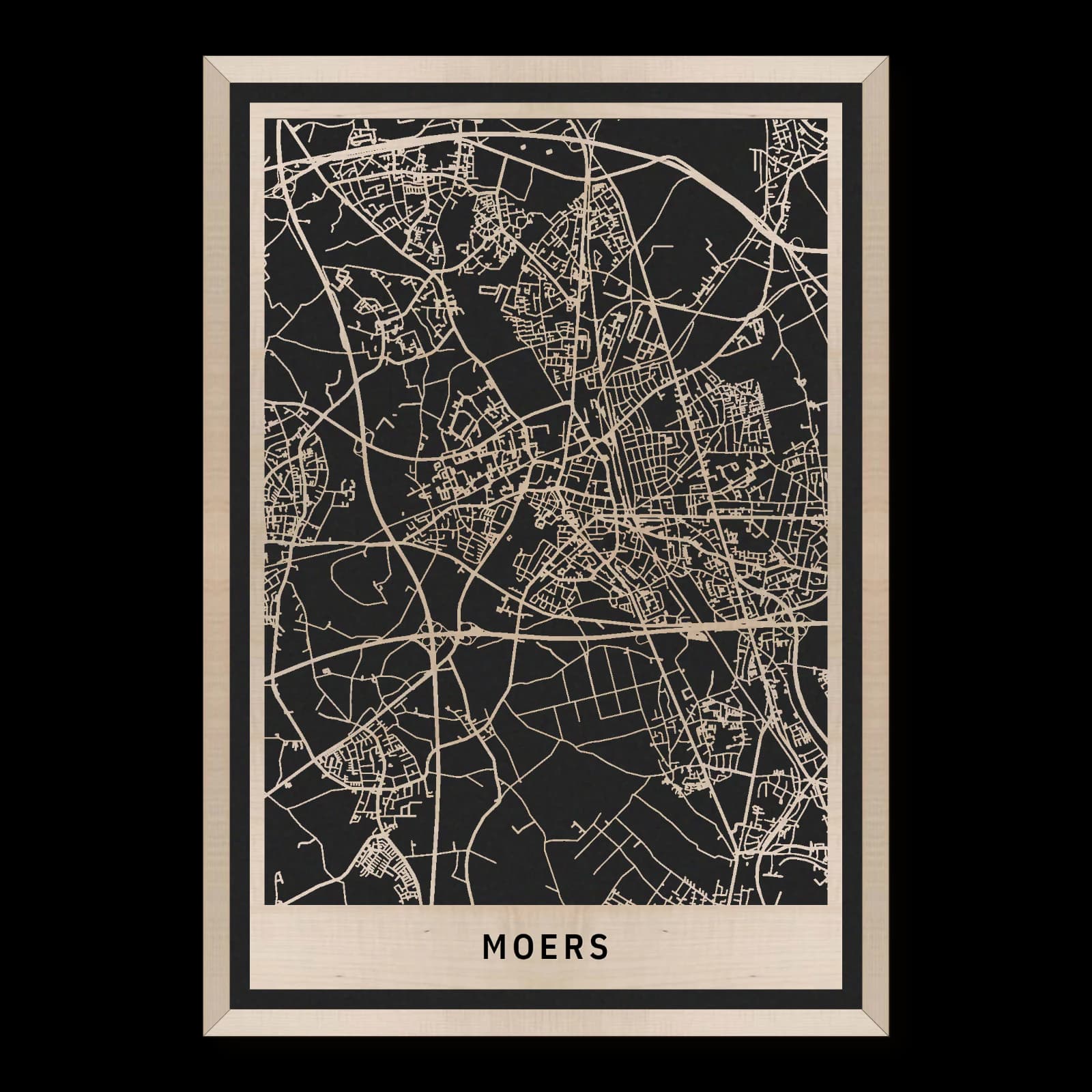 Moers – Schlossstadt zwischen Halde und Lauersfort, 35 × 50 cm. Rechteckiger Stadtplan aus Holz, gefertigt aus geöltem Ahornholz – zwei Schichten mit schwarzer Rückenplatte und Rahmen.