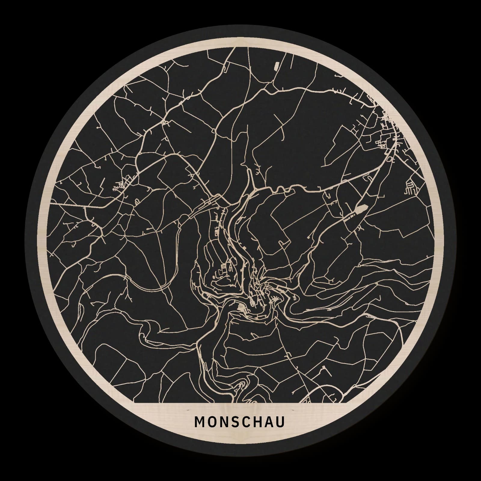 Monschau, Stadtüberblick: runder Stadtplan aus geöltem Ahornholz, Ø 35 cm