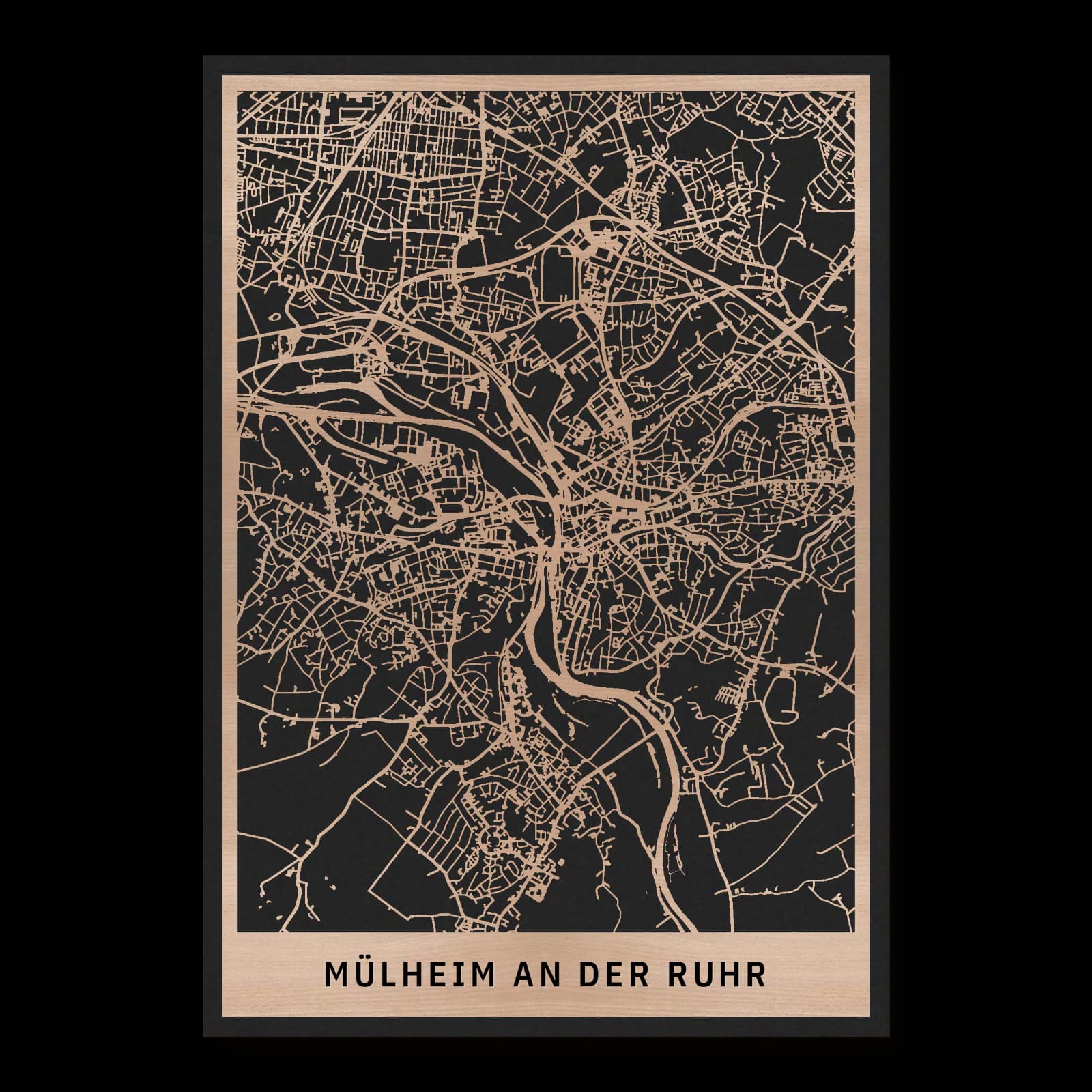 Mülheim an der Ruhr – Ruhrtal, Broich und Saarn, 35 × 50 cm. Rechteckiger Stadtplan aus Holz, gefertigt aus geöltem Buchenholz – zwei Schichten mit schwarzer Rückenplatte.