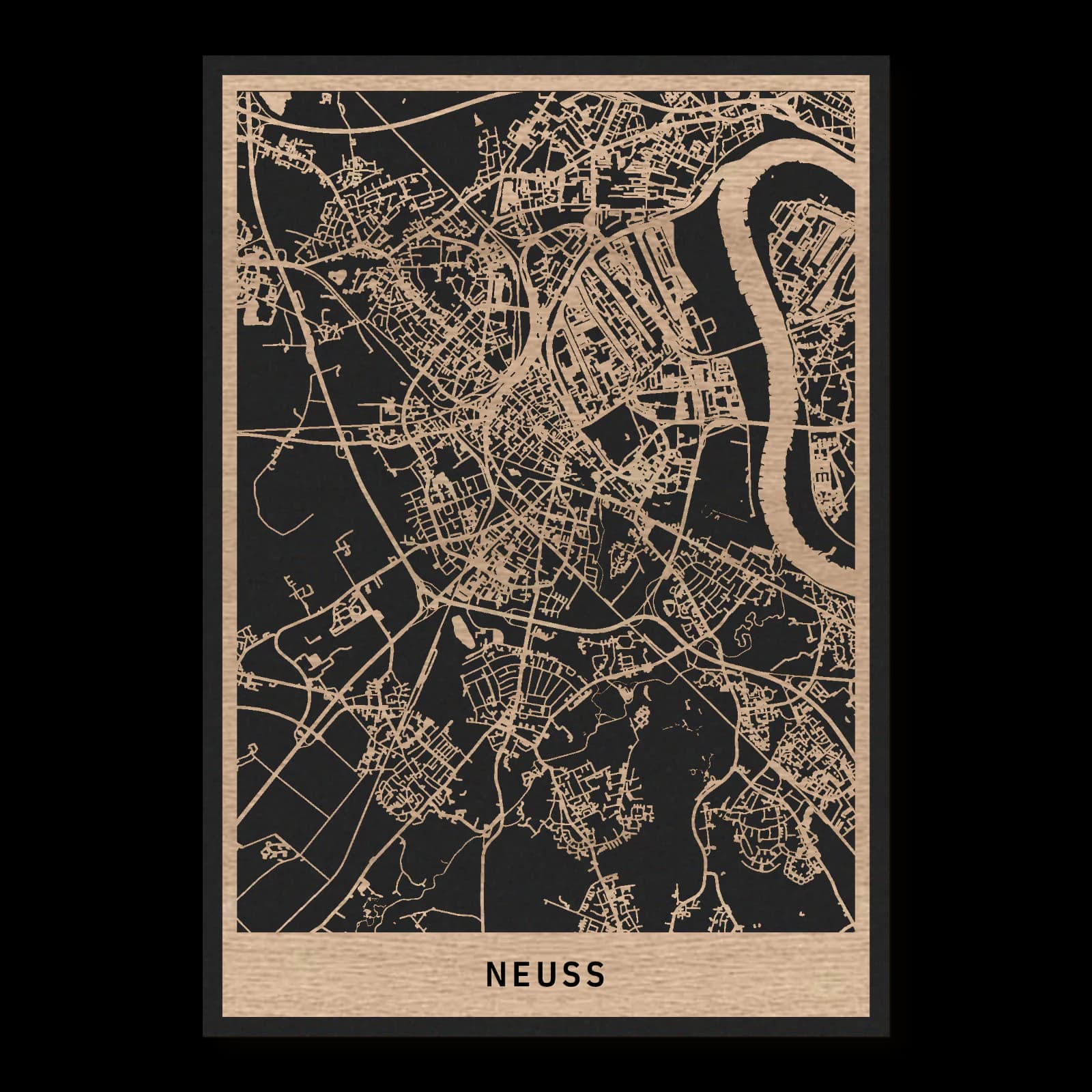 Neuss – Altstadt und südliche Kulturlandschaft, 35 × 50 cm. Rechteckiger Stadtplan aus Holz, gefertigt aus geöltem Eichenholz – zwei Schichten mit schwarzer Rückenplatte.