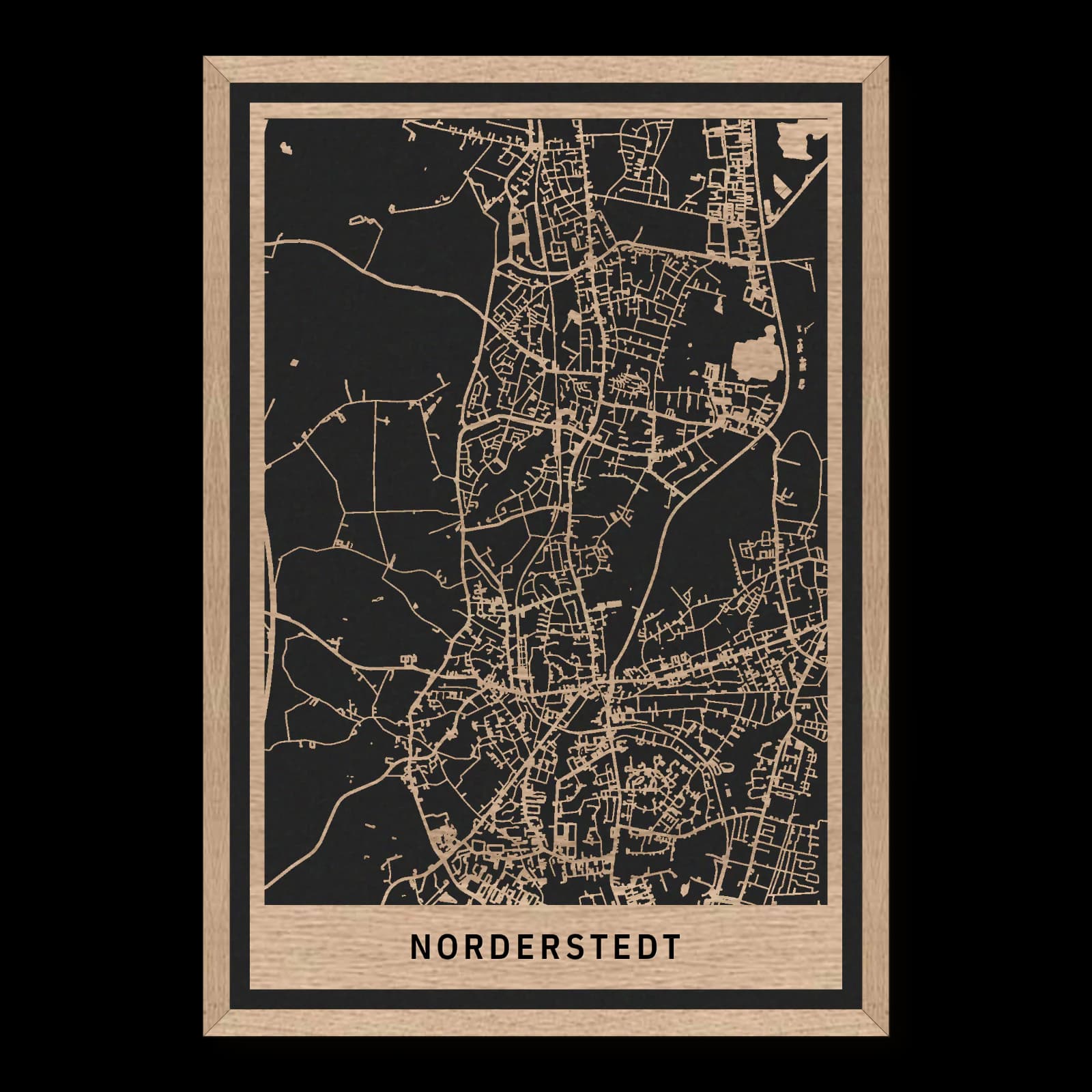 Norderstedt – City Overview, 35 × 50 cm. Rectangular wooden city map made from oiled oak – two layers with a black back plate and frame.