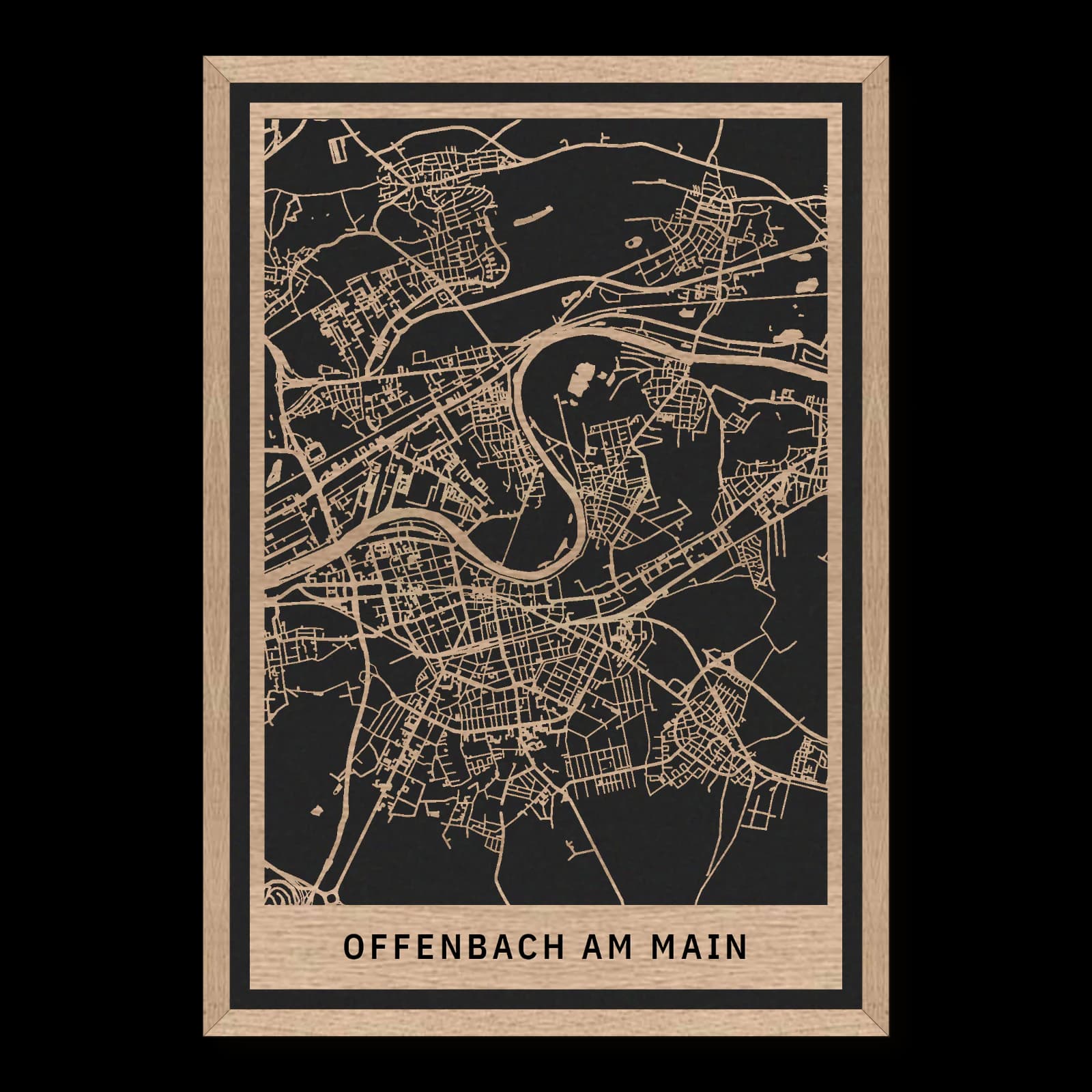 Offenbach am Main – Mainufer, Residenzen und Wetterpark, 35 × 50 cm. Rechteckiger Stadtplan aus Holz, gefertigt aus geöltem Eichenholz – zwei Schichten mit schwarzer Rückenplatte und Rahmen.