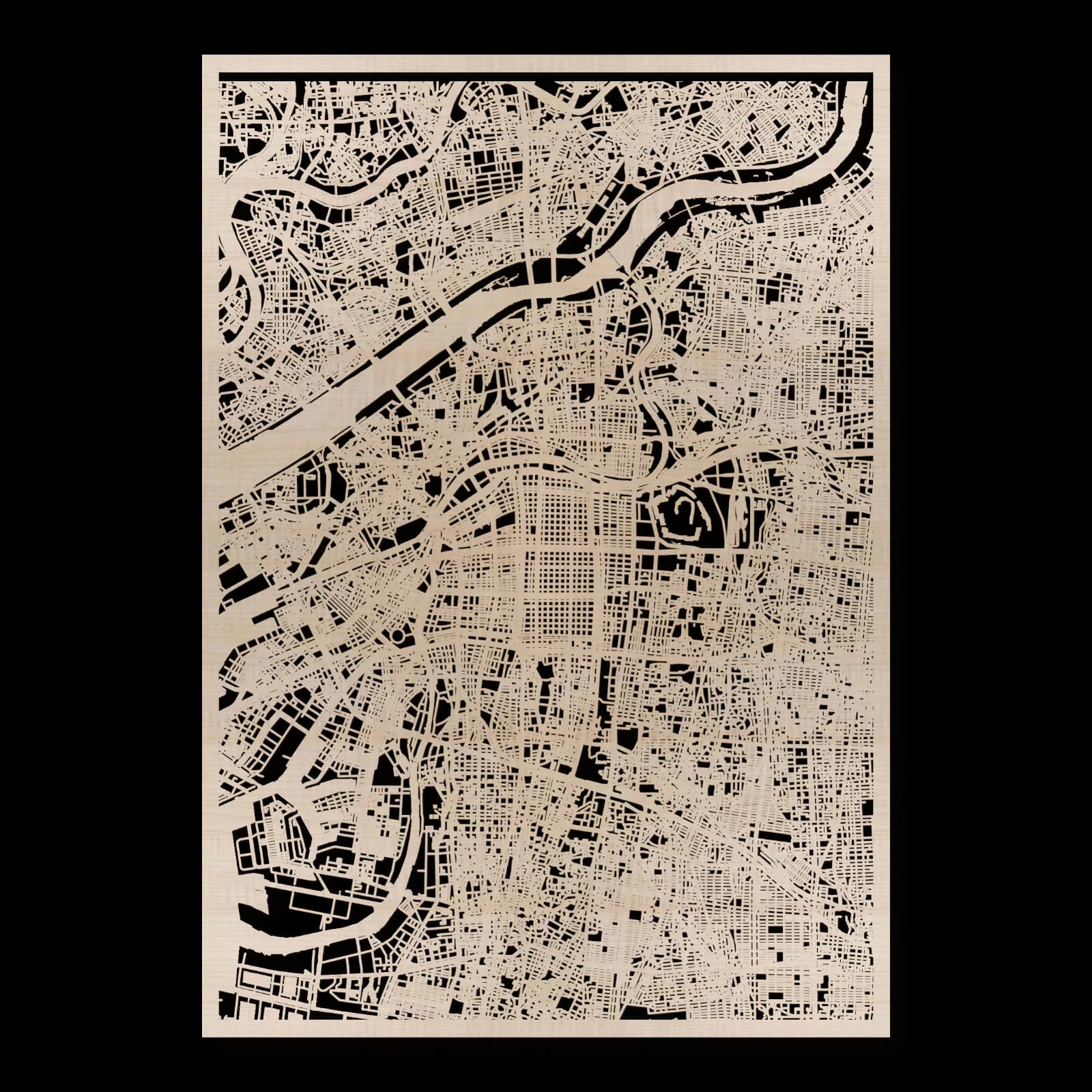 Osaka – Stadtüberblick, 35 × 50 cm. Rechteckiger Stadtplan aus Holz, gefertigt aus geöltem Ahornholz.