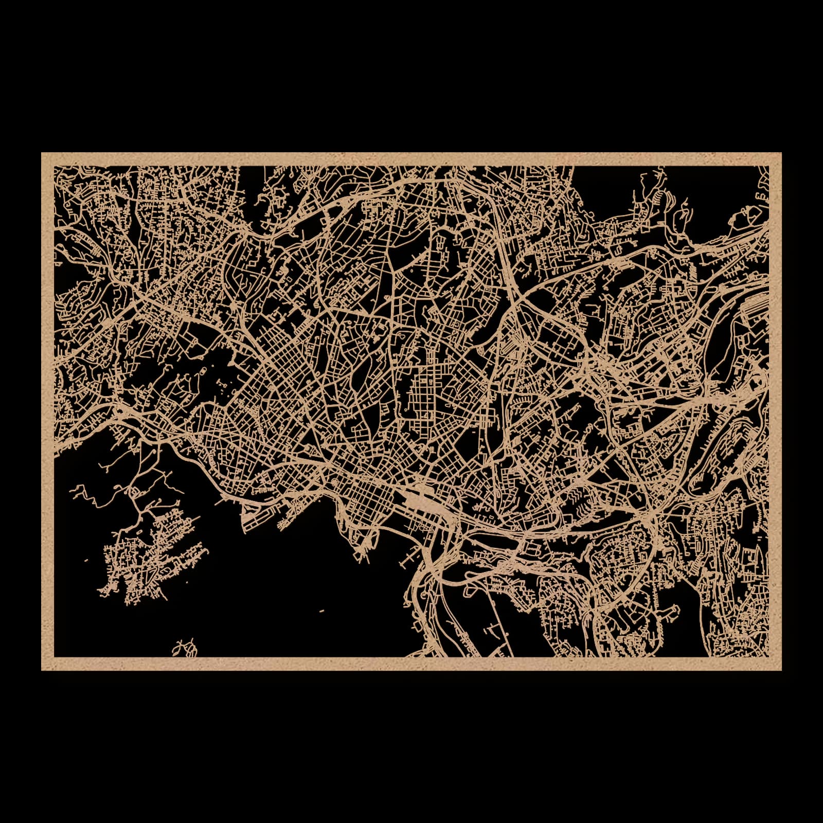 Oslo – Fjordstadt zwischen Festung, Parks und Nordquartieren, 50 × 35 cm. Rechteckiger Stadtplan aus Holz, gefertigt aus natur geöltem MDF.