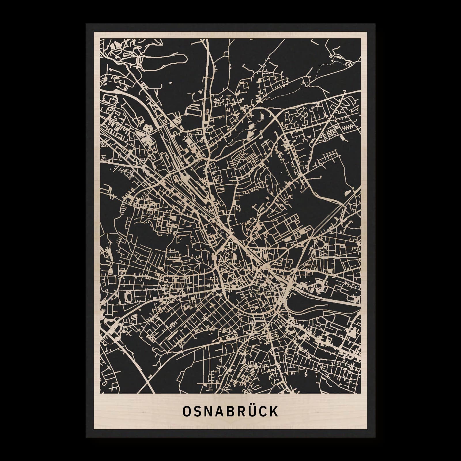 Osnabrück – Friedensstadt, Piesberg und südliches Grün, 35 × 50 cm. Rechteckiger Stadtplan aus Holz, gefertigt aus geöltem Ahornholz – zwei Schichten mit schwarzer Rückenplatte.