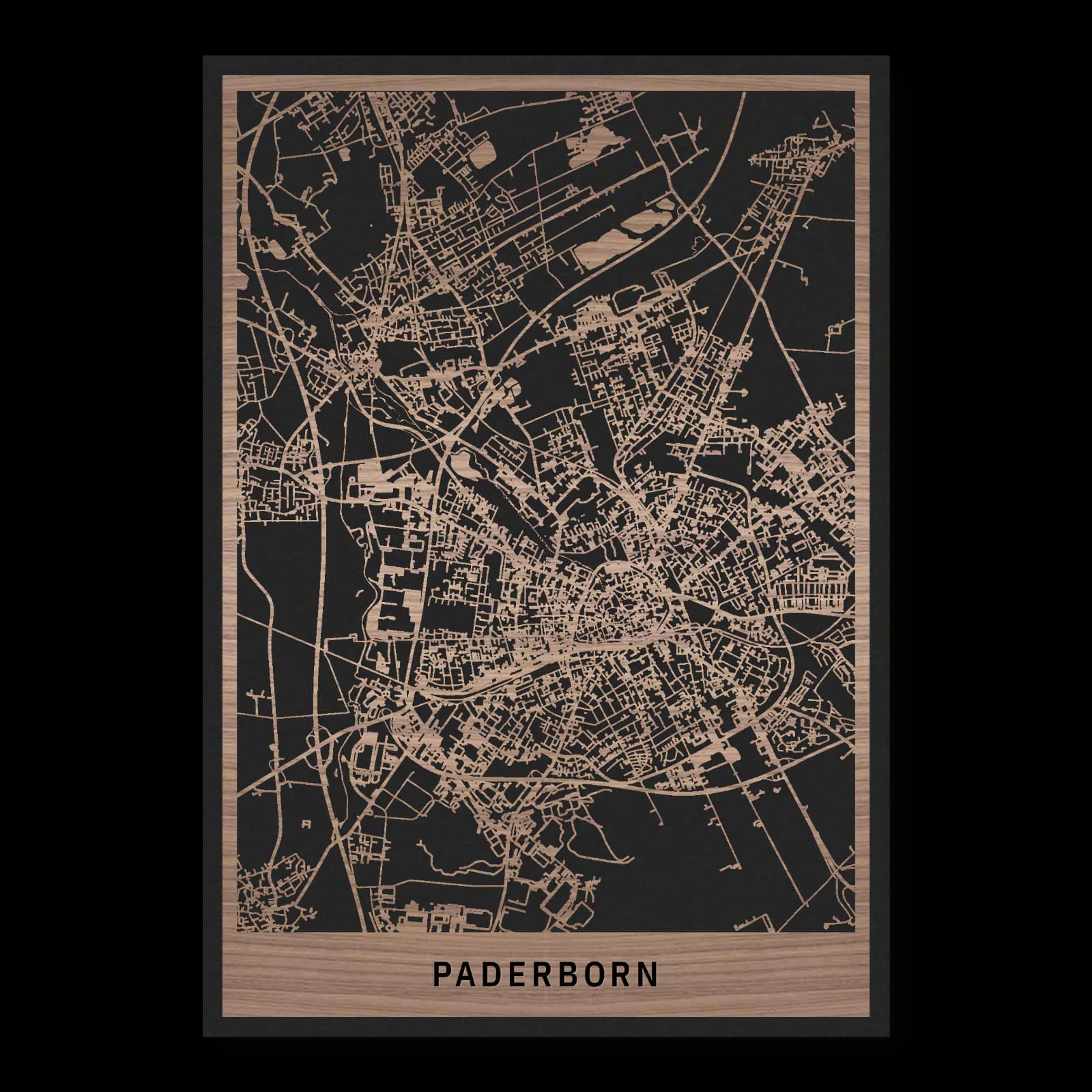 Paderborn – Paderquellen, Neuhaus und Wissensorte, 35 × 50 cm. Rechteckiger Stadtplan aus Holz, gefertigt aus geöltem Nussbaumholz – zwei Schichten mit schwarzer Rückenplatte.