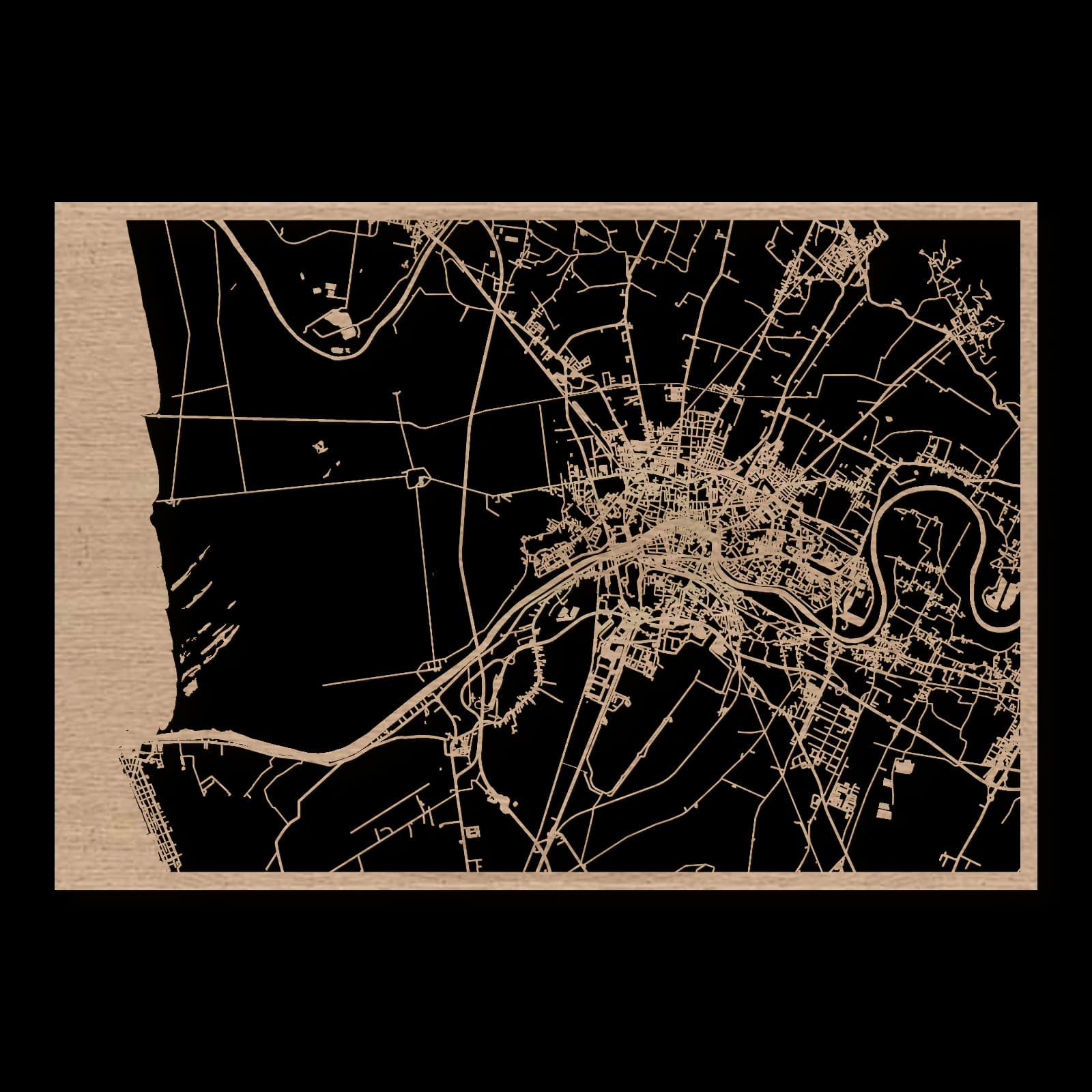 Pisa – Turmstadt und östliche Quartiere, 50 × 35 cm. Rechteckiger Stadtplan aus Holz, gefertigt aus geöltem Eichenholz.