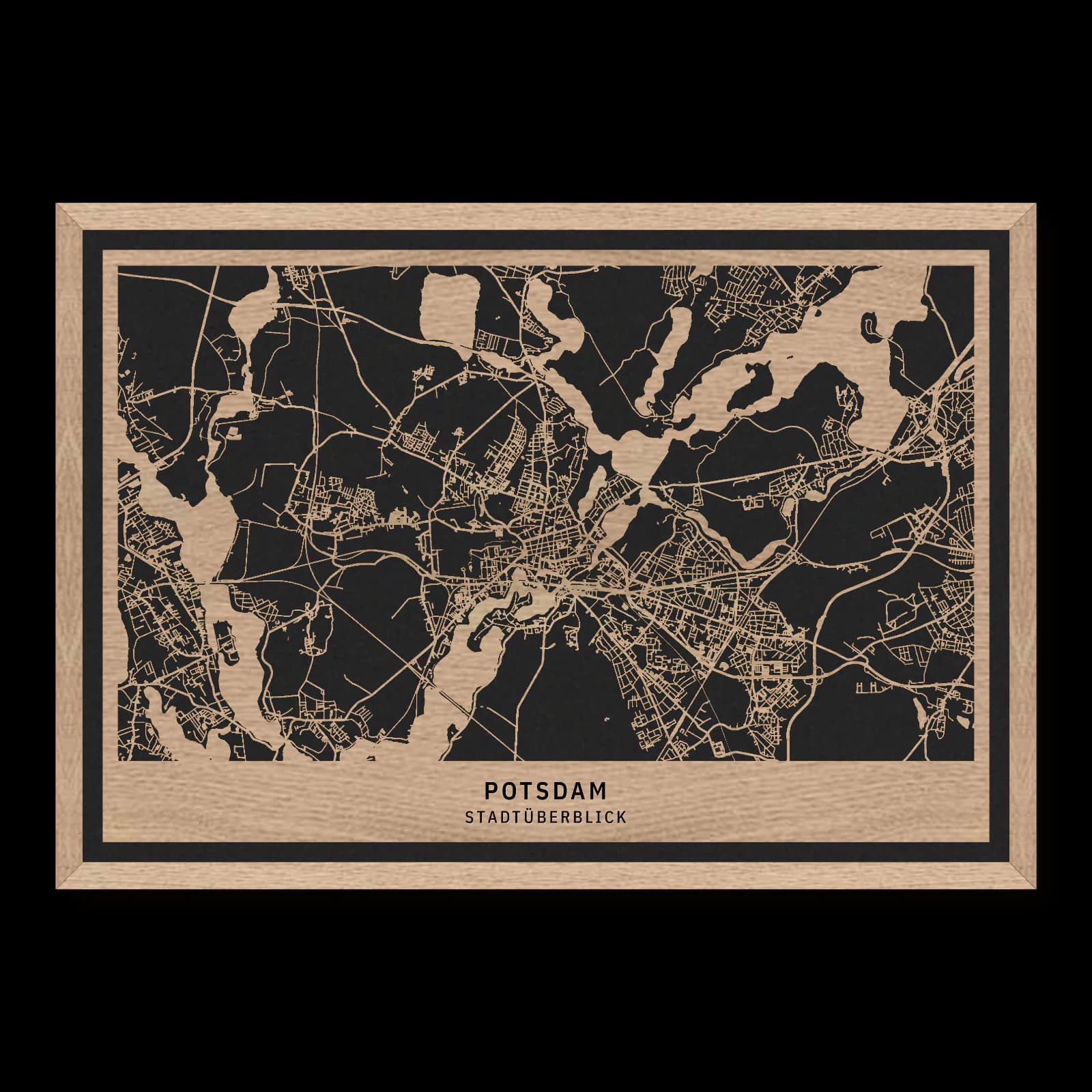 Rechteckiger Stadtplan von Potsdam, Stadtüberblick, aus geöltem Eichenholz, 35 × 50 cm.