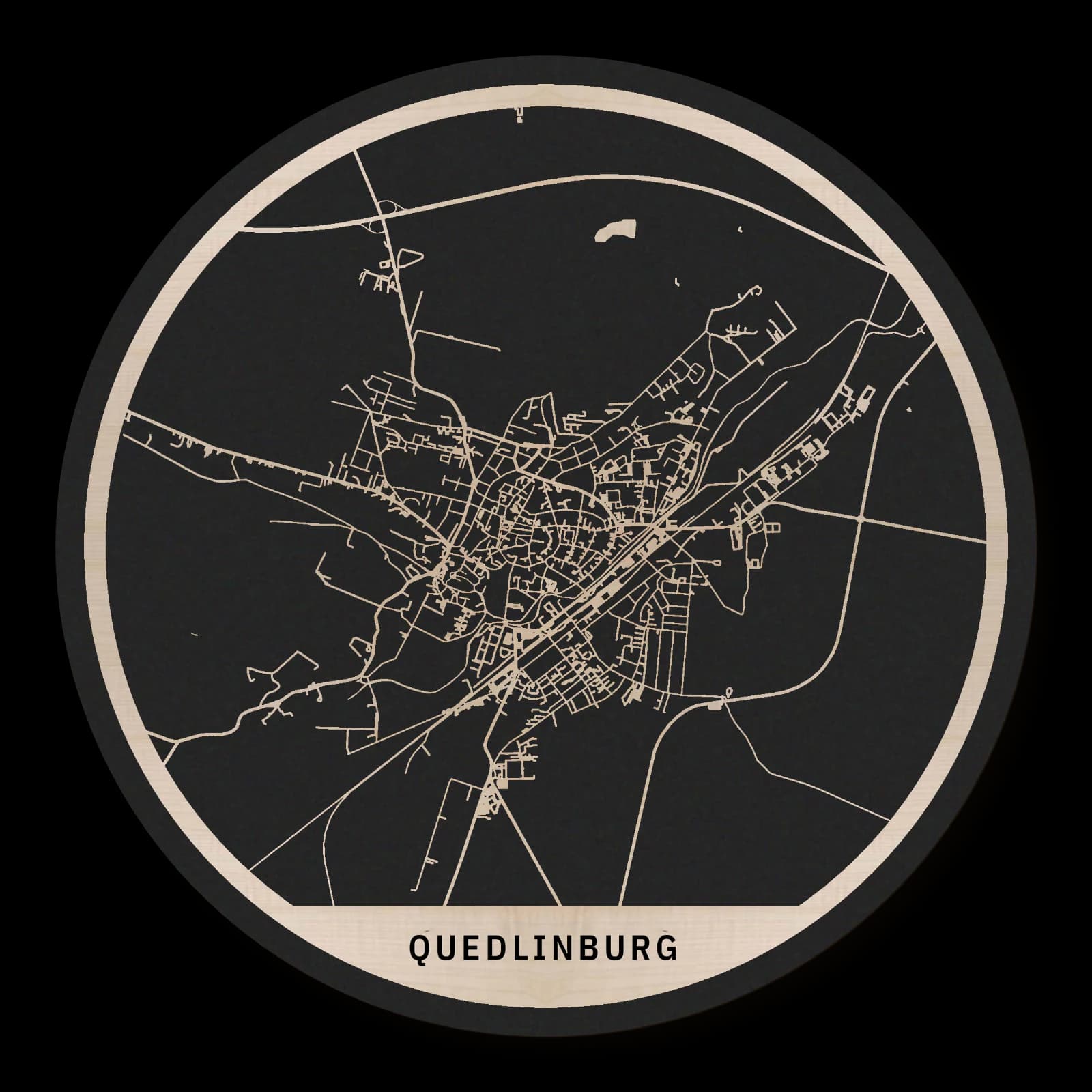 Quedlinburg, Stadtüberblick: runder Stadtplan aus geöltem Ahornholz, Ø 35 cm