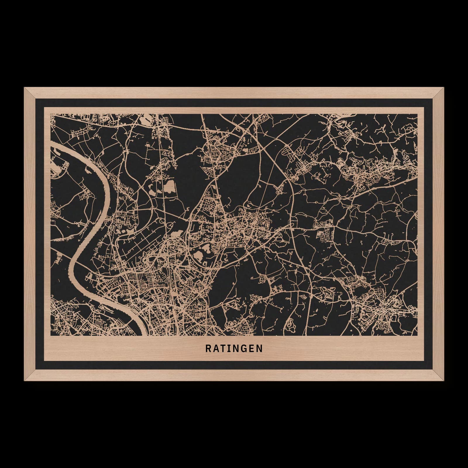 Ratingen – Stadtüberblick, 50 × 35 cm. Rechteckiger Stadtplan aus Holz, gefertigt aus geöltem Buchenholz – zwei Schichten mit schwarzer Rückenplatte und Rahmen.