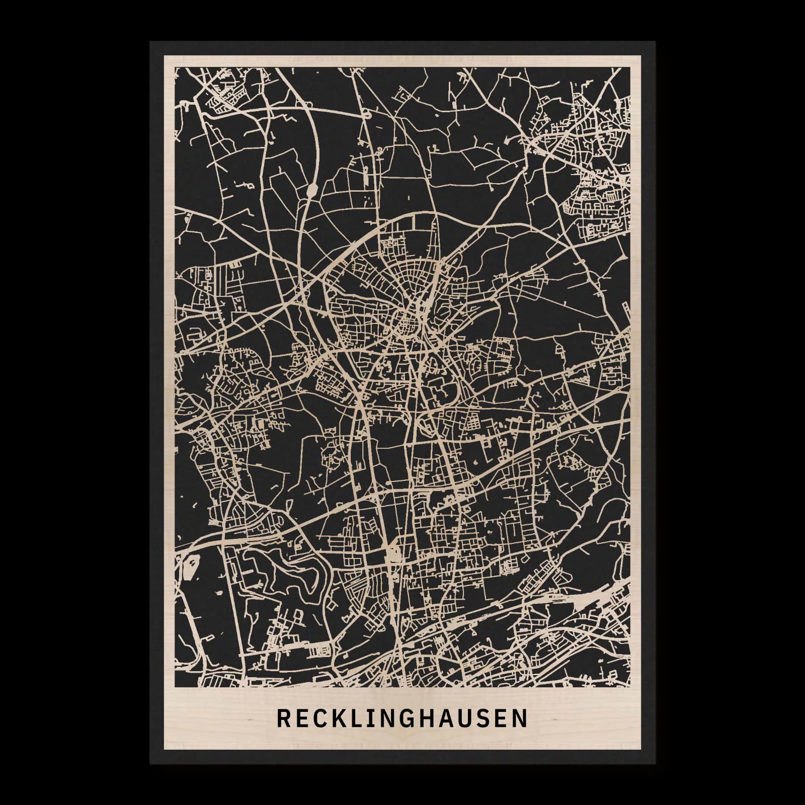 Recklinghausen – Altstadt, Kulturhöhe und südlicher Stadthafen, 35 × 50 cm. Rechteckiger Stadtplan aus Holz, gefertigt aus geöltem Ahornholz – zwei Schichten mit schwarzer Rückenplatte.