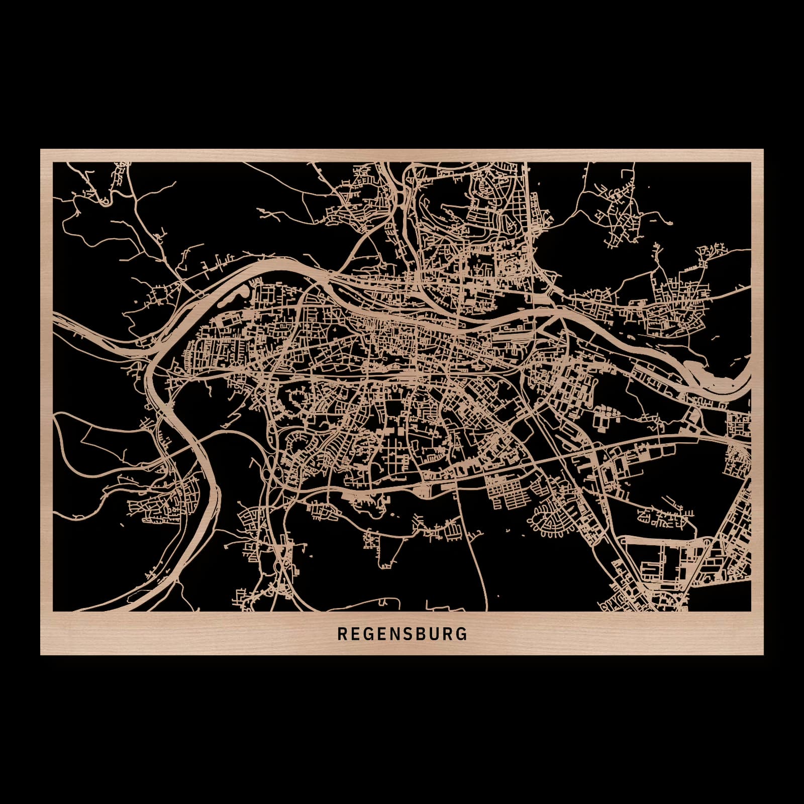 Regensburg, Stadtüberblick: rechteckiger Stadtplan aus geöltem Buchenholz in 50 × 35 cm