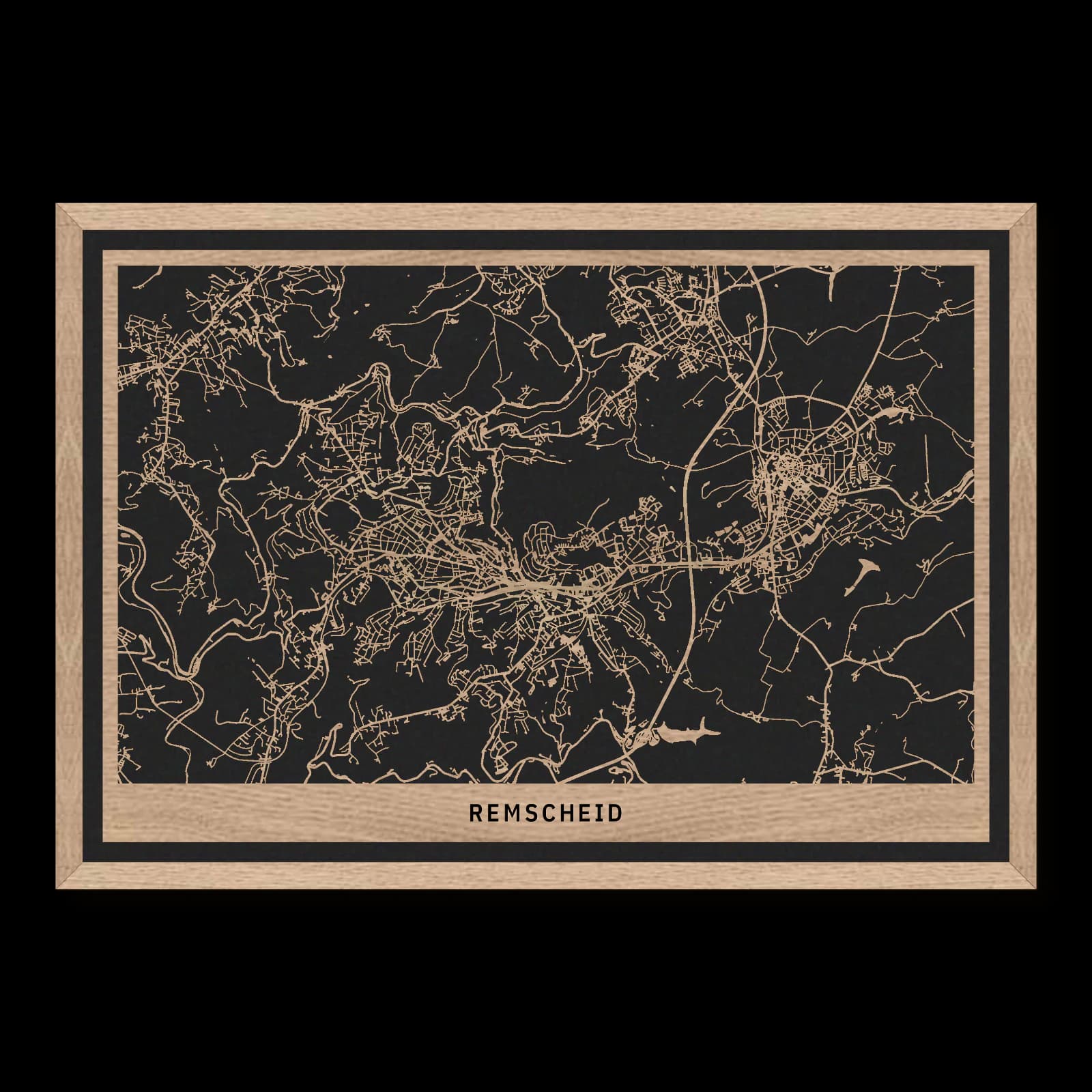 Remscheid – Rathausstadt zwischen Hasten und Lennep, 50 × 35 cm. Rechteckiger Stadtplan aus Holz, gefertigt aus geöltem Eichenholz – zwei Schichten mit schwarzer Rückenplatte und Rahmen.