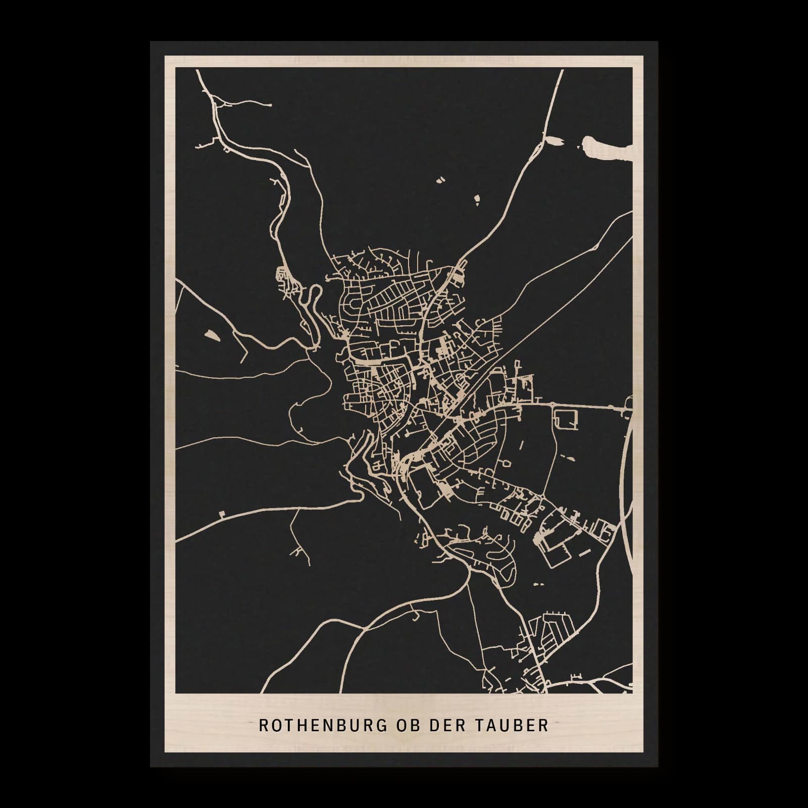 Rothenburg ob der Tauber – Stadtmauer und Taubertal, 35 × 50 cm. Rechteckiger Stadtplan aus Holz, gefertigt aus geöltem Ahornholz – zwei Schichten mit schwarzer Rückenplatte.