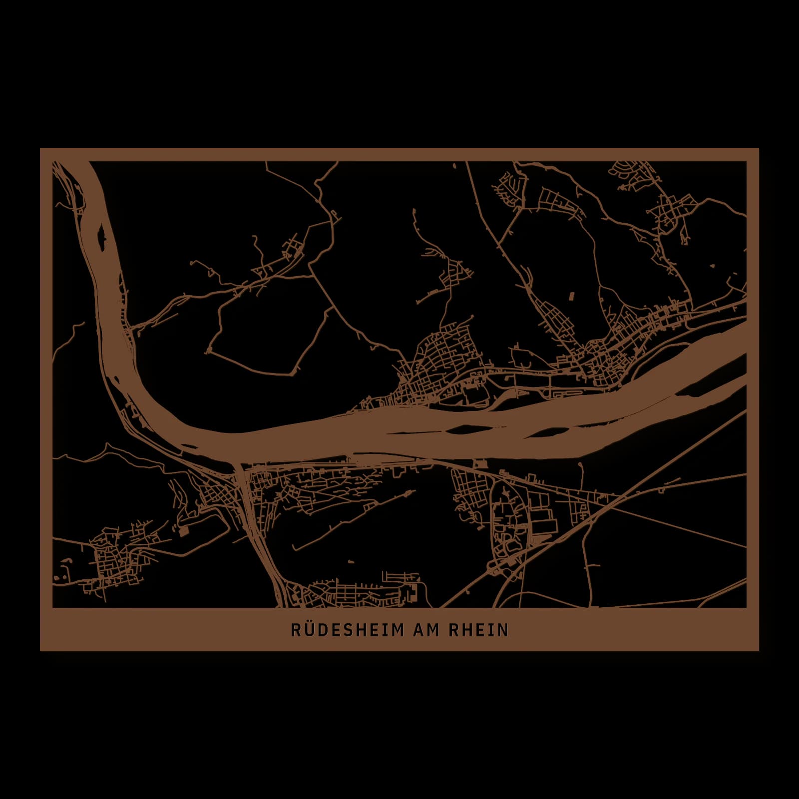 Rüdesheim am Rhein – Rheinufer und Weinberge, 50 × 35 cm. Rechteckiger Stadtplan aus Holz, gefertigt aus braun lackiertem MDF.