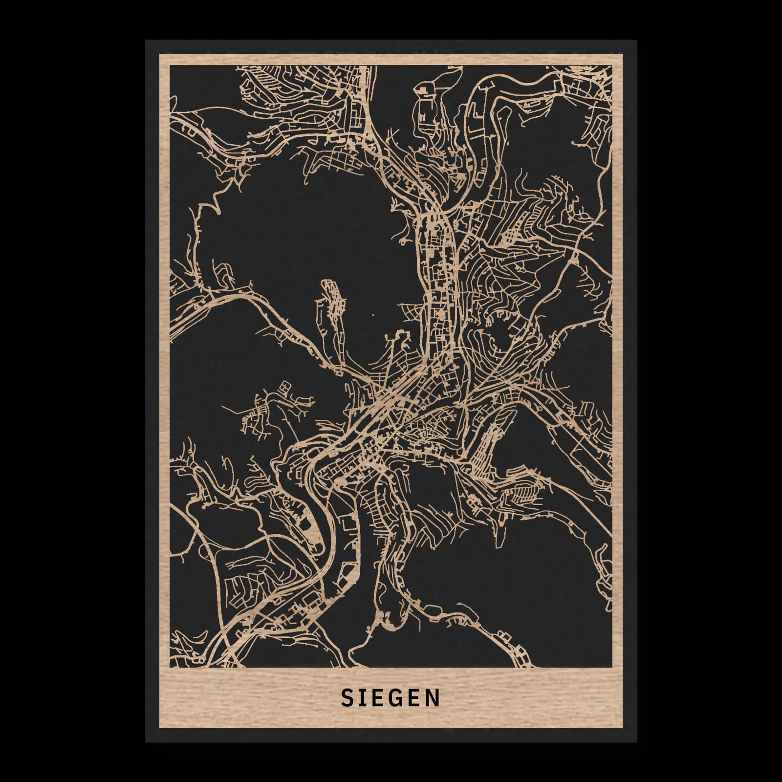 Siegen – Schlossstadt und nördliche Universitätslagen, 35 × 50 cm. Rechteckiger Stadtplan aus Holz, gefertigt aus geöltem Eichenholz – zwei Schichten mit schwarzer Rückenplatte.