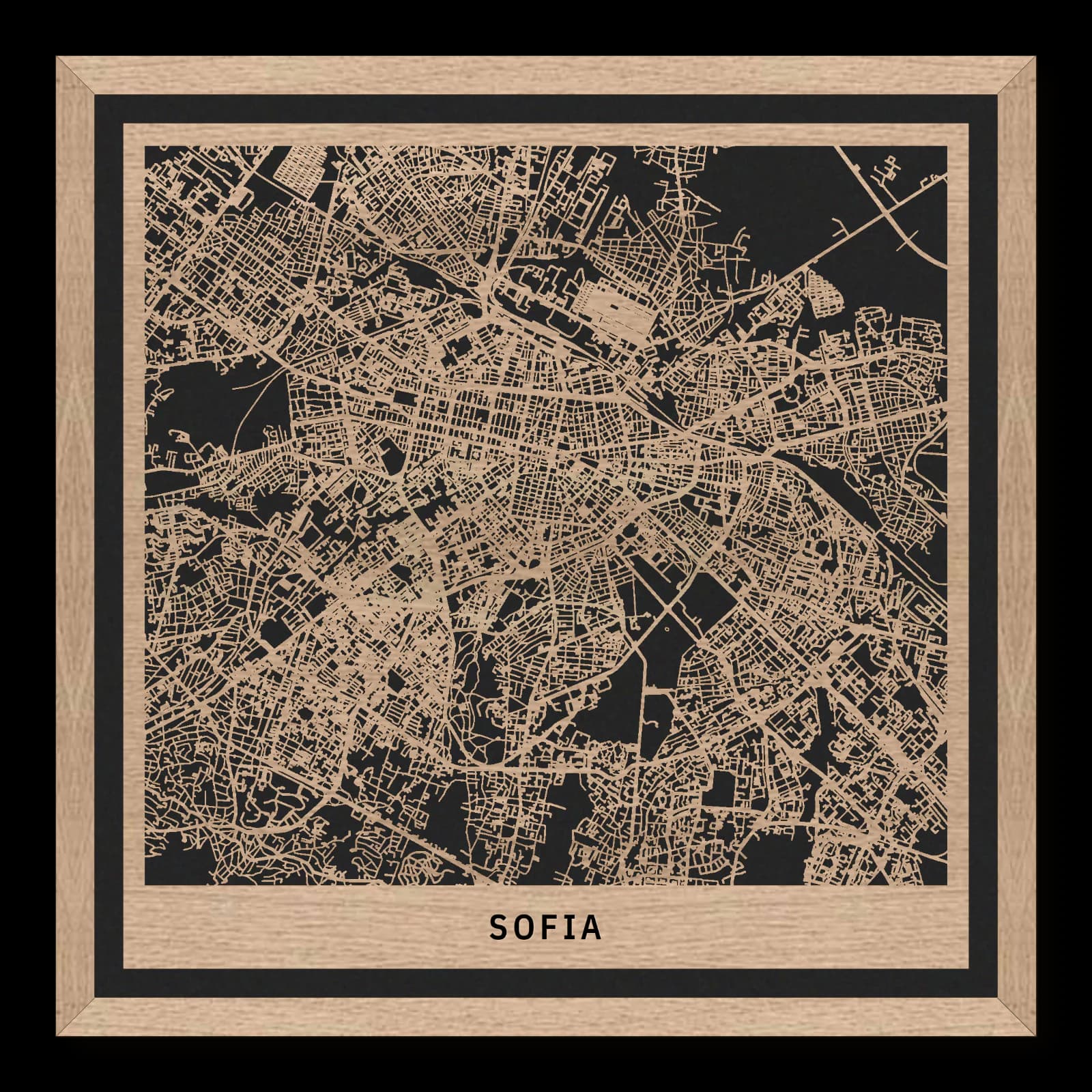 Sofia – Kathedralenstadt mit Kulturachsen und Parkräumen, 35 × 35 cm. Quadratischer Stadtplan aus Holz, gefertigt aus geöltem Eichenholz – zwei Schichten mit schwarzer Rückenplatte und Rahmen.