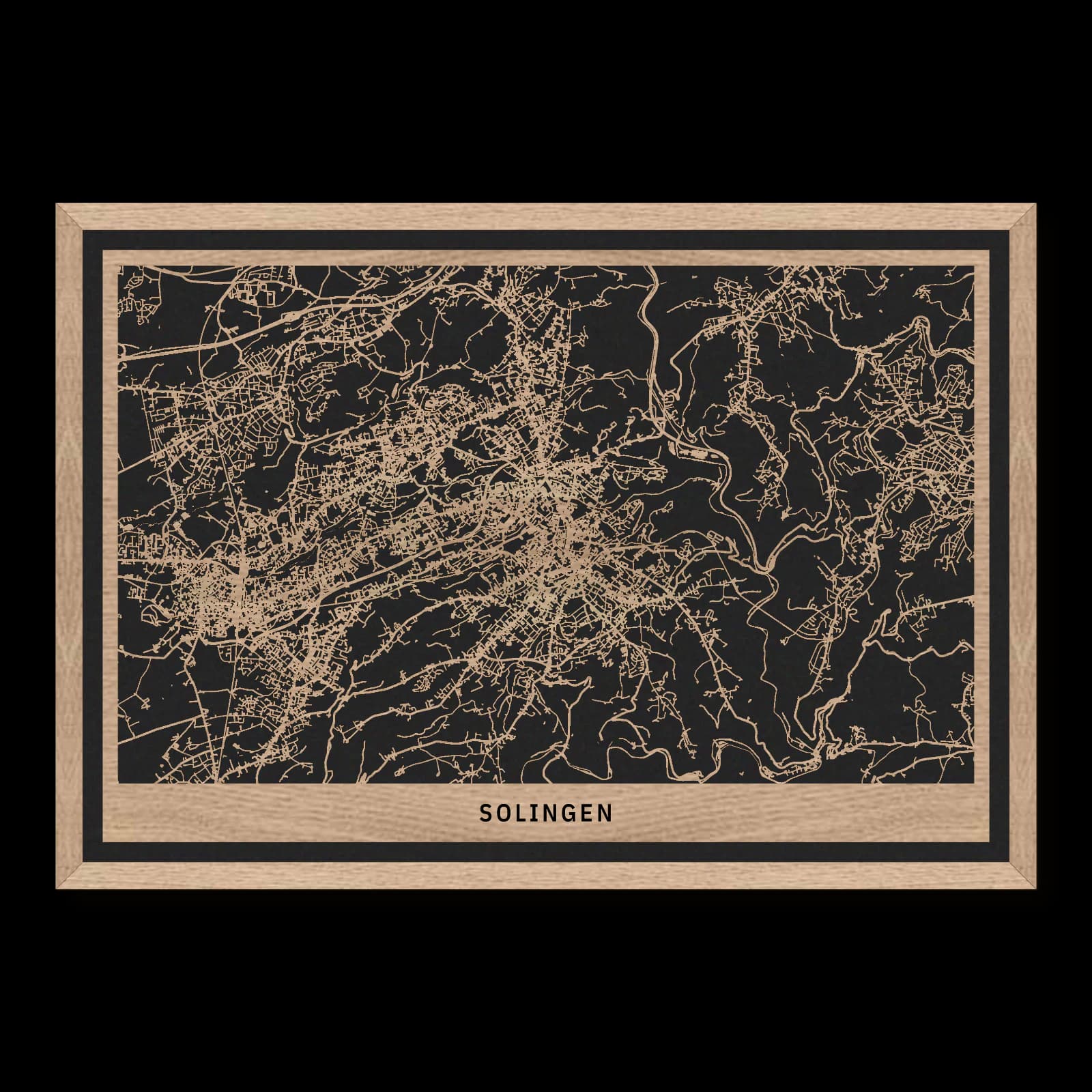 Solingen – Verteilte Zentren und Wupperberge, 50 × 35 cm. Rechteckiger Stadtplan aus Holz, gefertigt aus geöltem Eichenholz – zwei Schichten mit schwarzer Rückenplatte und Rahmen.