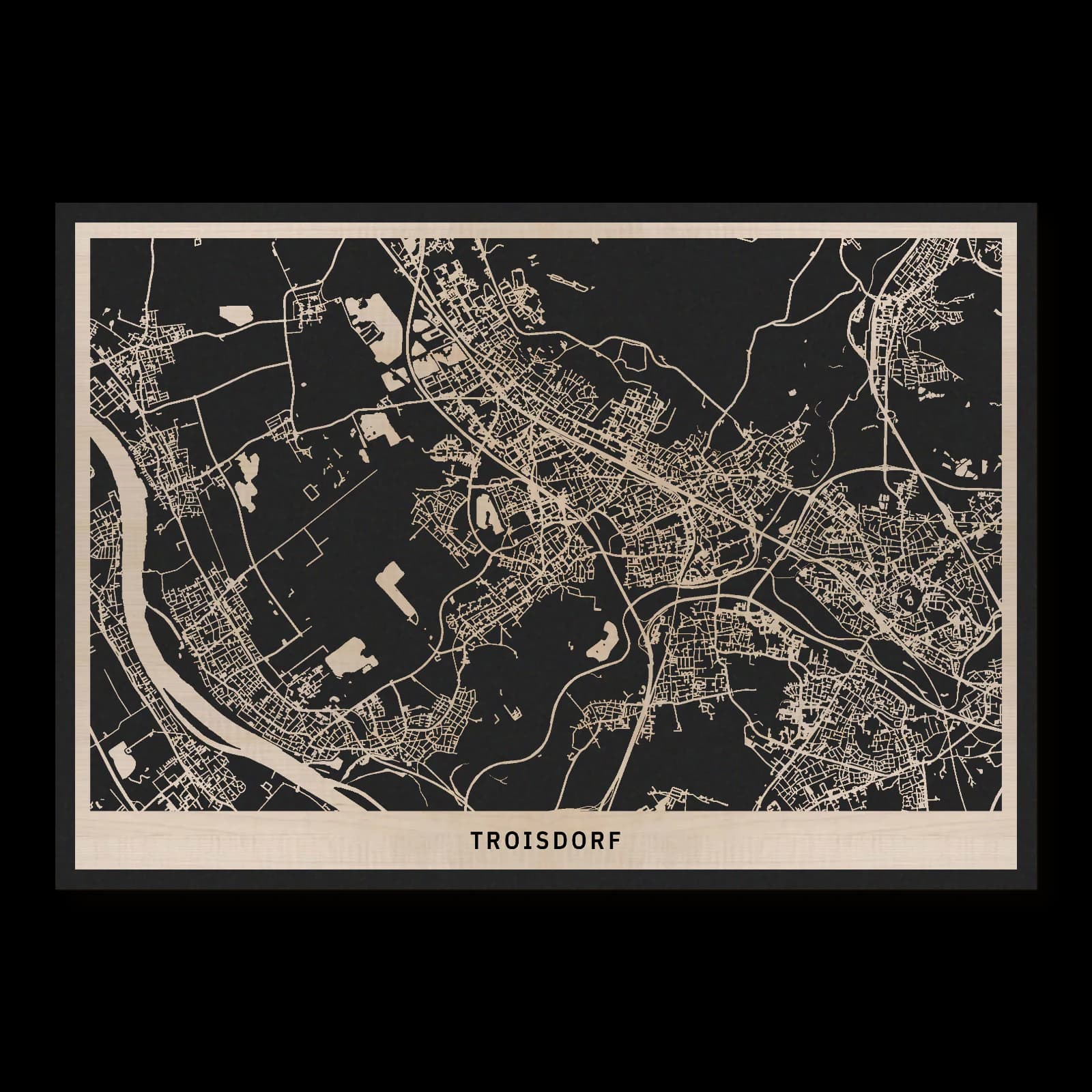 Troisdorf – Burg, Industrie und gewachsene Stadtteile, 50 × 35 cm. Rechteckiger Stadtplan aus Holz, gefertigt aus geöltem Ahornholz – zwei Schichten mit schwarzer Rückenplatte.