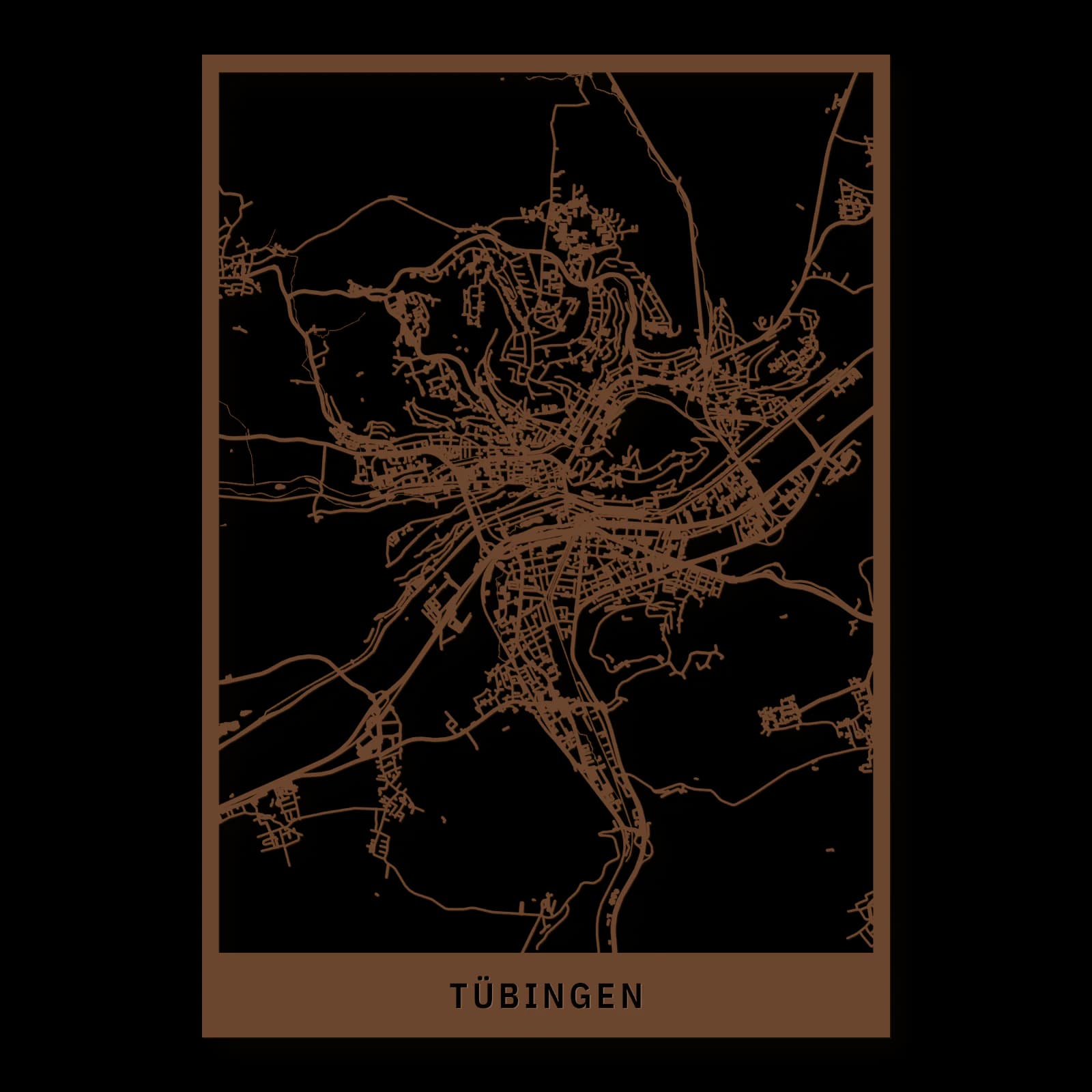 Tübingen – Stadtüberblick, 35 × 50 cm. Rechteckiger Stadtplan aus Holz, gefertigt aus braun lackiertem MDF.