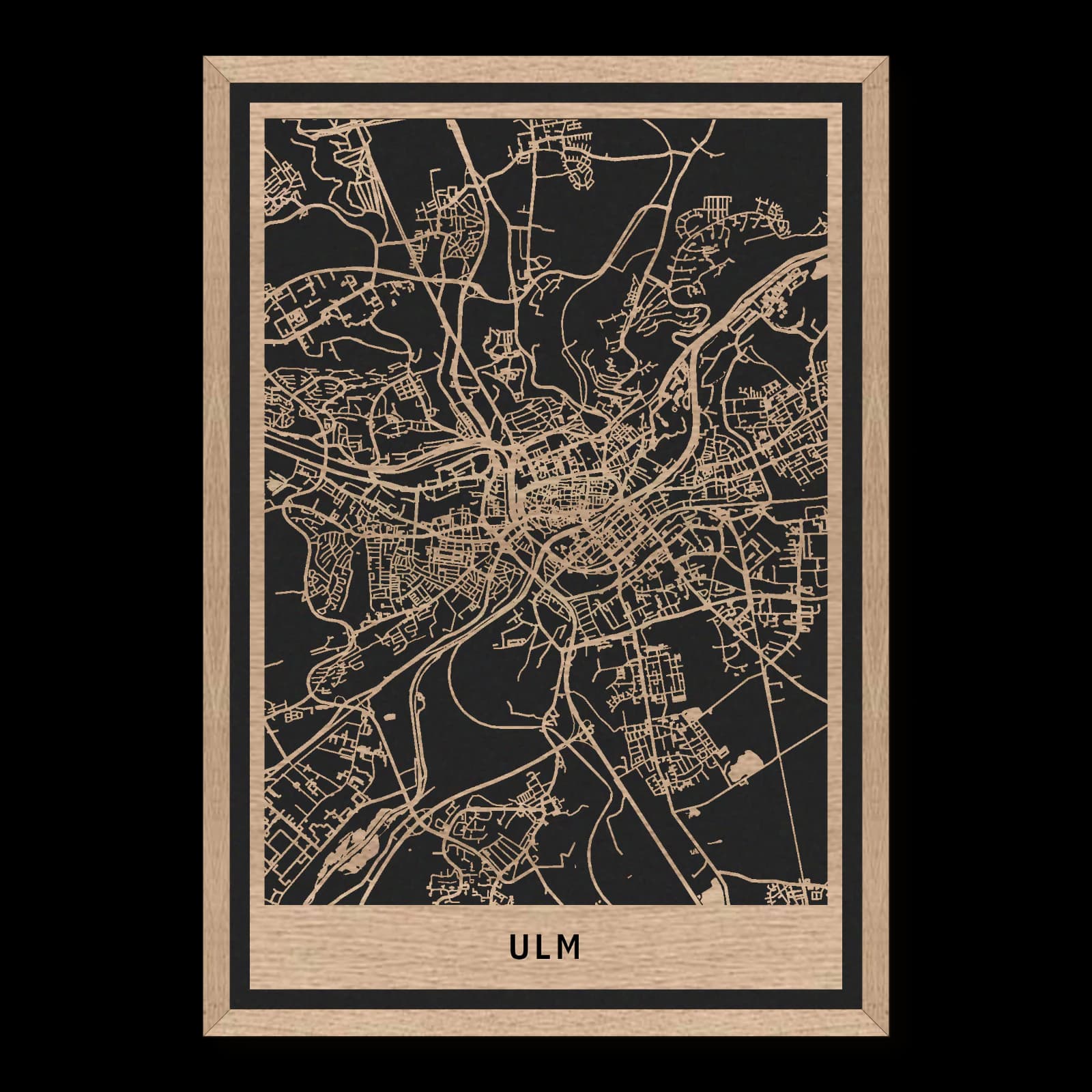 Ulm – Münster, Donau und Wiblingen, 35 × 50 cm. Rechteckiger Stadtplan aus Holz, gefertigt aus geöltem Eichenholz – zwei Schichten mit schwarzer Rückenplatte und Rahmen.