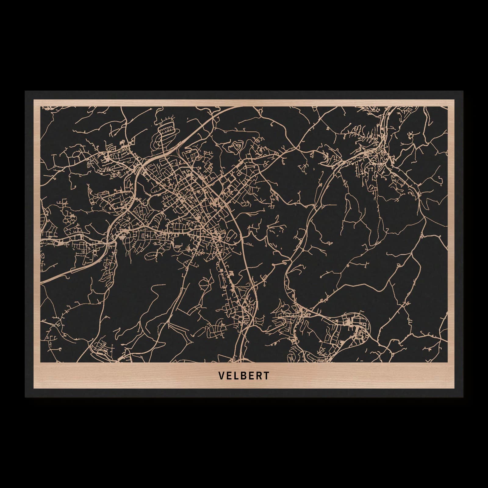 Velbert – City Overview, 50 × 35 cm. Rectangular wooden city map made from oiled beech – two layers with a black back plate.