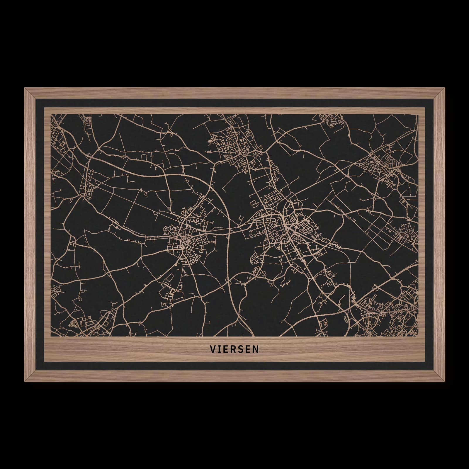 Viersen – Drei Stadtkerne und ihre Verbindungen, 50 × 35 cm. Rechteckiger Stadtplan aus Holz, gefertigt aus geöltem Nussbaumholz – zwei Schichten mit schwarzer Rückenplatte und Rahmen.