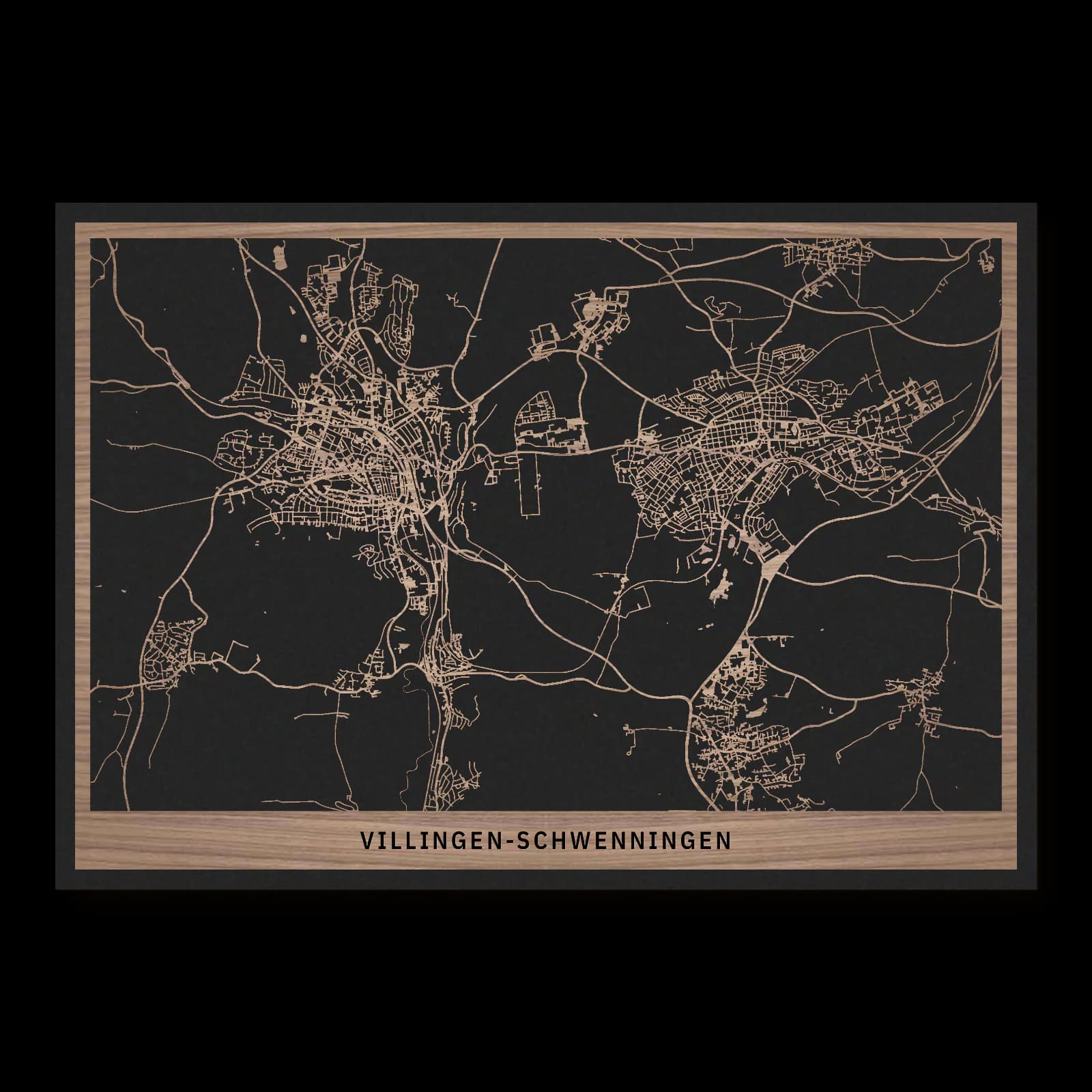 Villingen-Schwenningen – Stadtüberblick, 50 × 35 cm. Rechteckiger Stadtplan aus Holz, gefertigt aus geöltem Nussbaumholz – zwei Schichten mit schwarzer Rückenplatte.