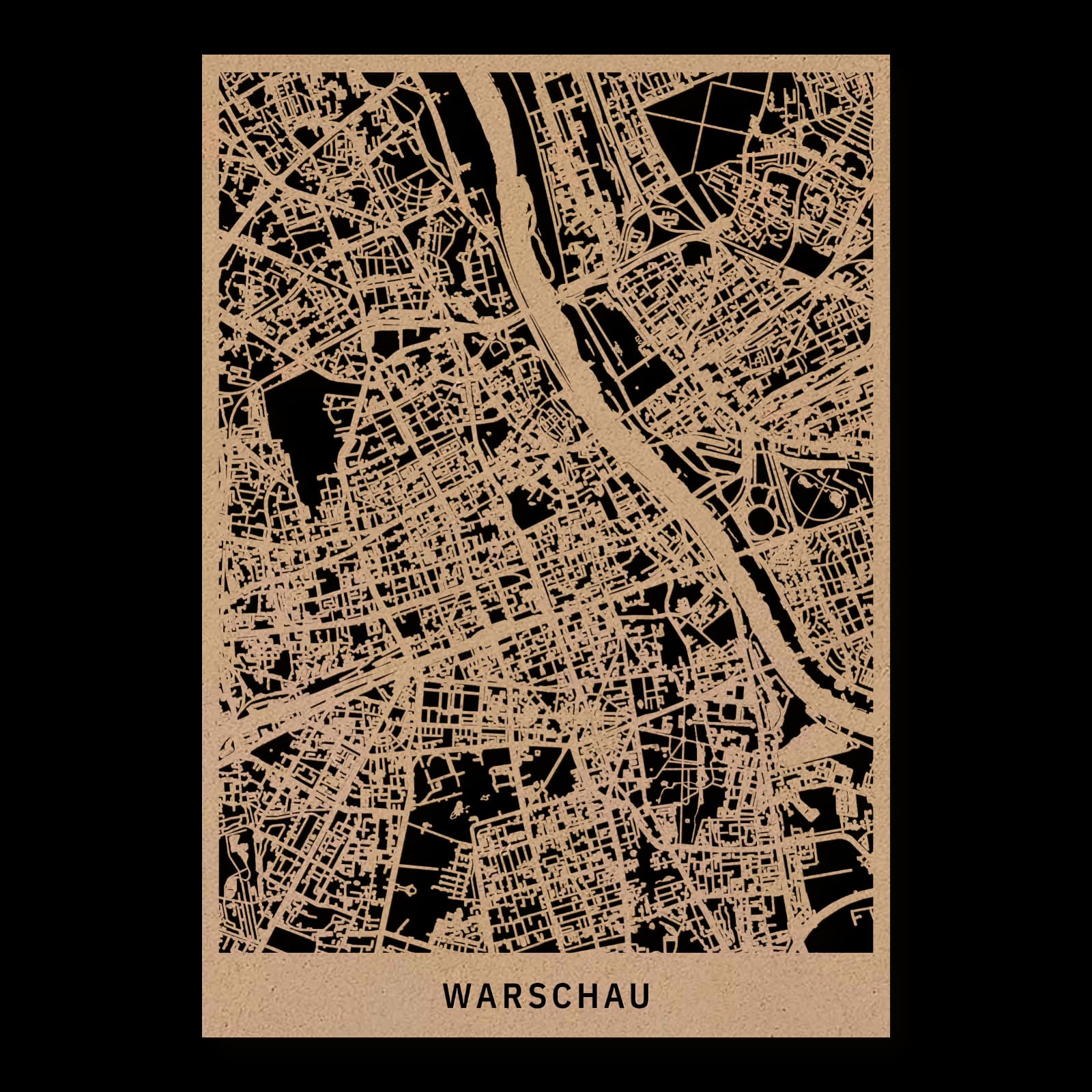 Warschau – Altstadt, Praga und königliche Gärten, 35 × 50 cm. Rechteckiger Stadtplan aus Holz, gefertigt aus natur geöltem MDF.