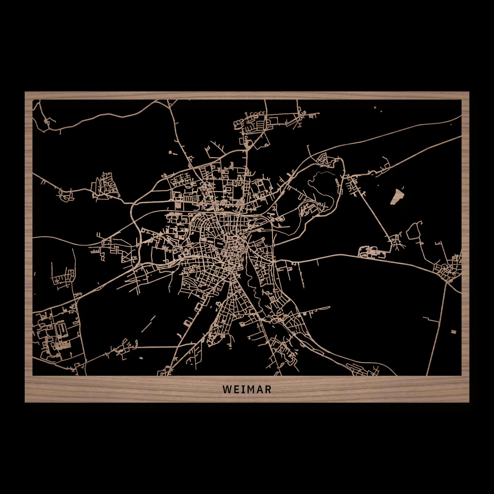 Weimar als Holz-Stadtplan aus geöltem Nussbaum, 35 × 50 cm.