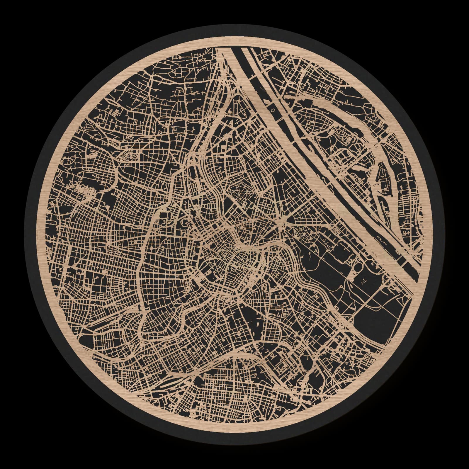 Wien – Innenstadt, Prater und Belvedere, 35 × 35 cm. Runder Stadtplan aus Holz, gefertigt aus geöltem Eichenholz – zwei Schichten mit schwarzer Rückenplatte.