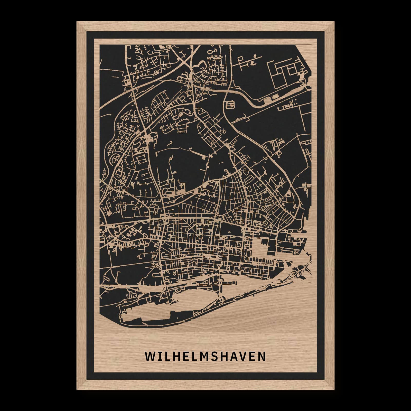 Wilhelmshaven – Hafenstadt und Rüstringer Stadtlandschaft, 35 × 50 cm. Rechteckiger Stadtplan aus Holz, gefertigt aus geöltem Eichenholz – zwei Schichten mit schwarzer Rückenplatte und Rahmen.