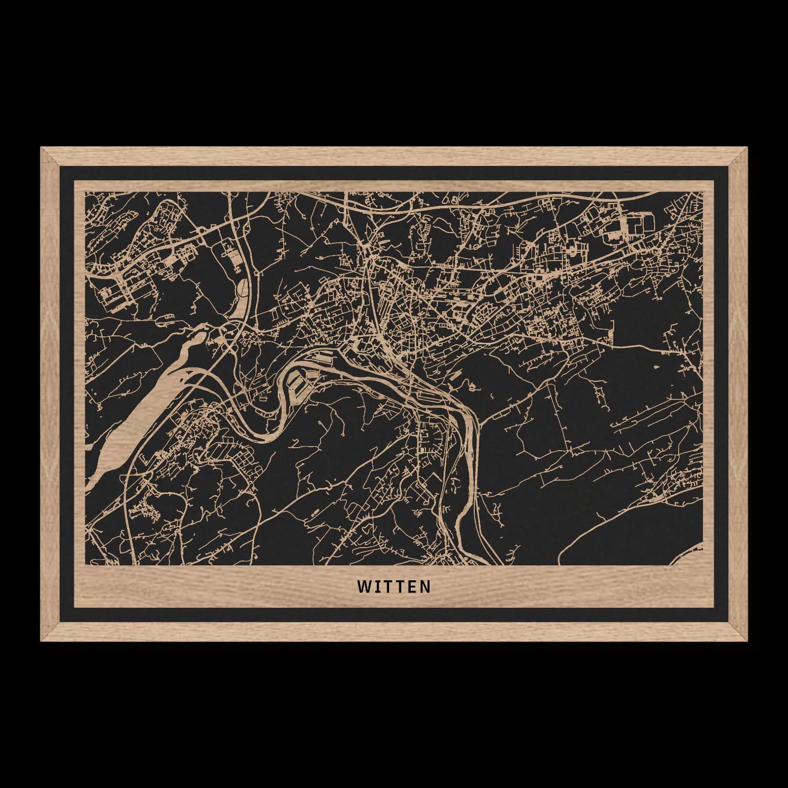 Witten – Stadtüberblick, 50 × 35 cm. Rechteckiger Stadtplan aus Holz, gefertigt aus geöltem Eichenholz – zwei Schichten mit schwarzer Rückenplatte und Rahmen.