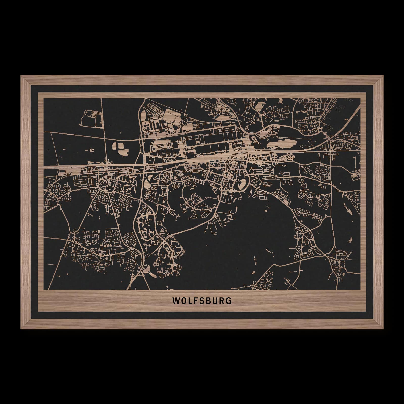 Wolfsburg, Stadtüberblick: rechteckiger Stadtplan aus geöltem Nussbaumholz in 50 × 35 cm