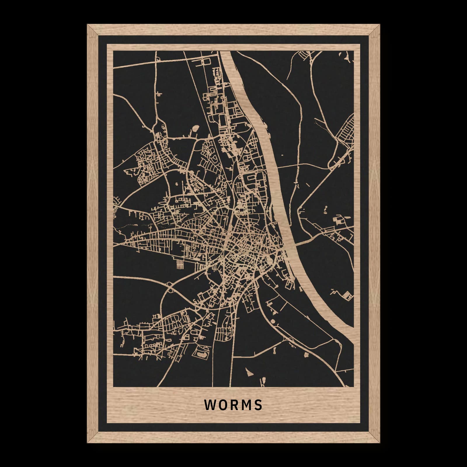 Worms – City Overview, 35 × 50 cm. Rectangular wooden city map made from oiled oak – two layers with a black back plate and frame.