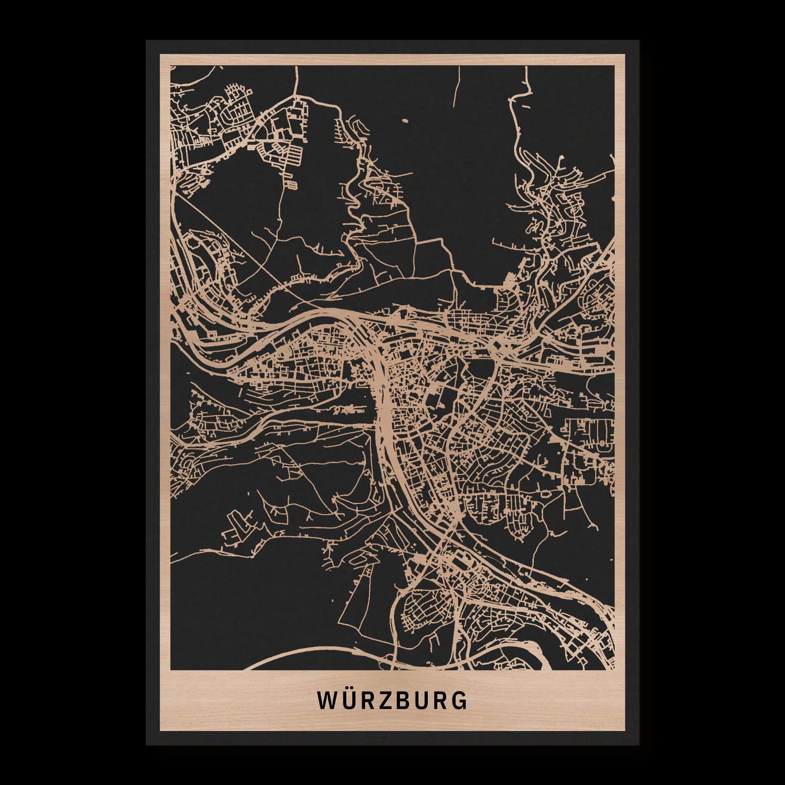 Würzburg, Stadtüberblick: rechteckiger Stadtplan aus geöltem Buchenholz in 35 × 50 cm