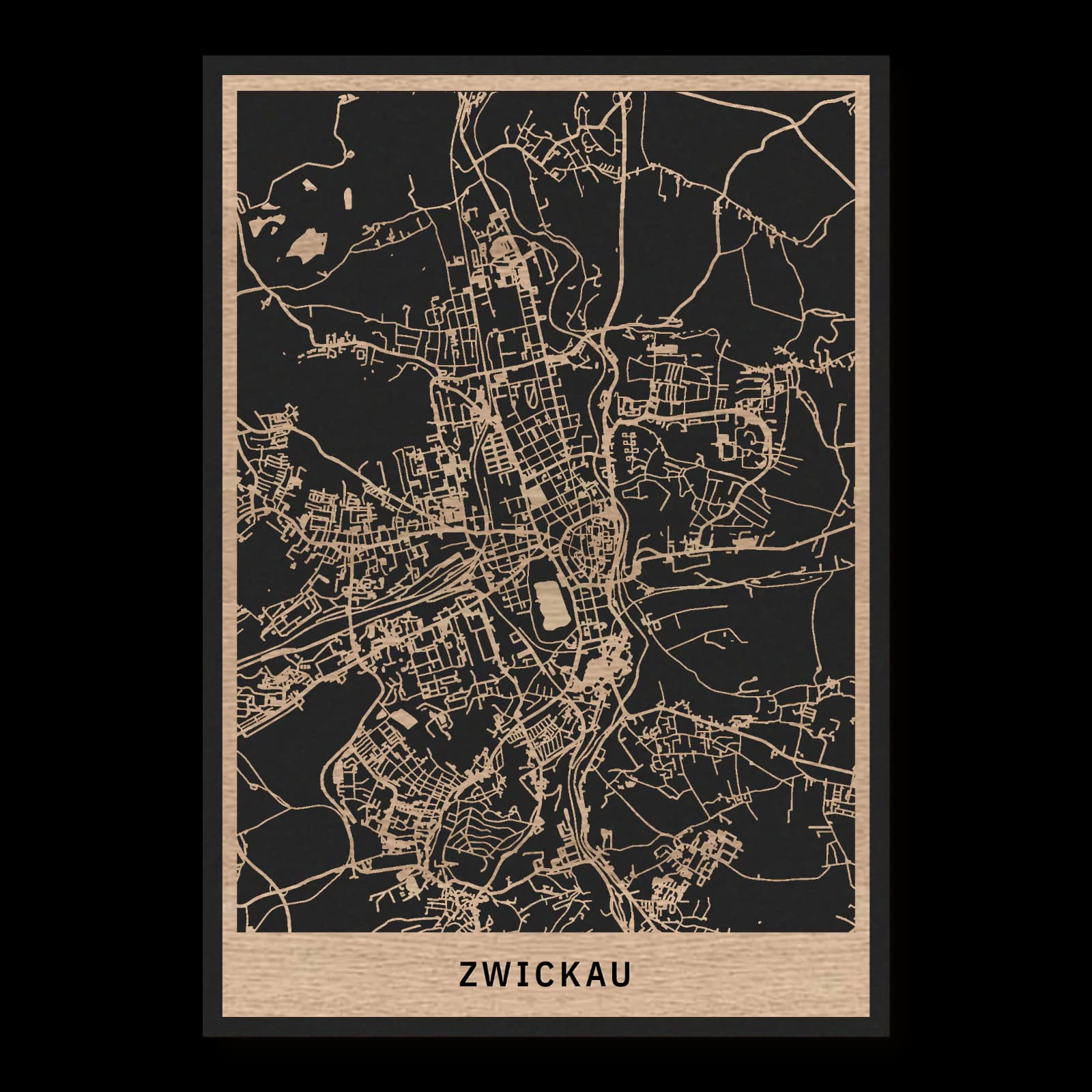 Zwickau – Stadtüberblick, 35 × 50 cm. Rechteckiger Stadtplan aus Holz, gefertigt aus geöltem Eichenholz – zwei Schichten mit schwarzer Rückenplatte.