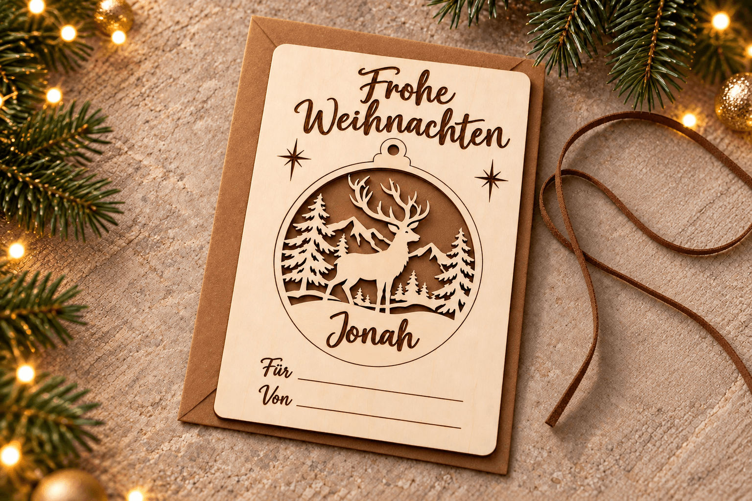 Wooden Christmas card with removable bauble