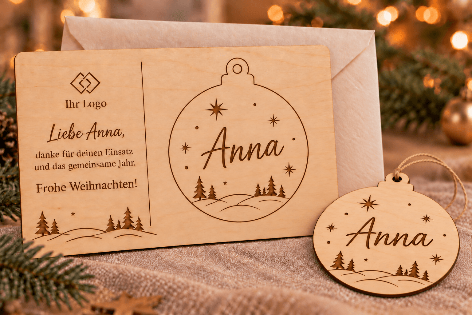 Wooden Christmas card with tree ornament for businesses