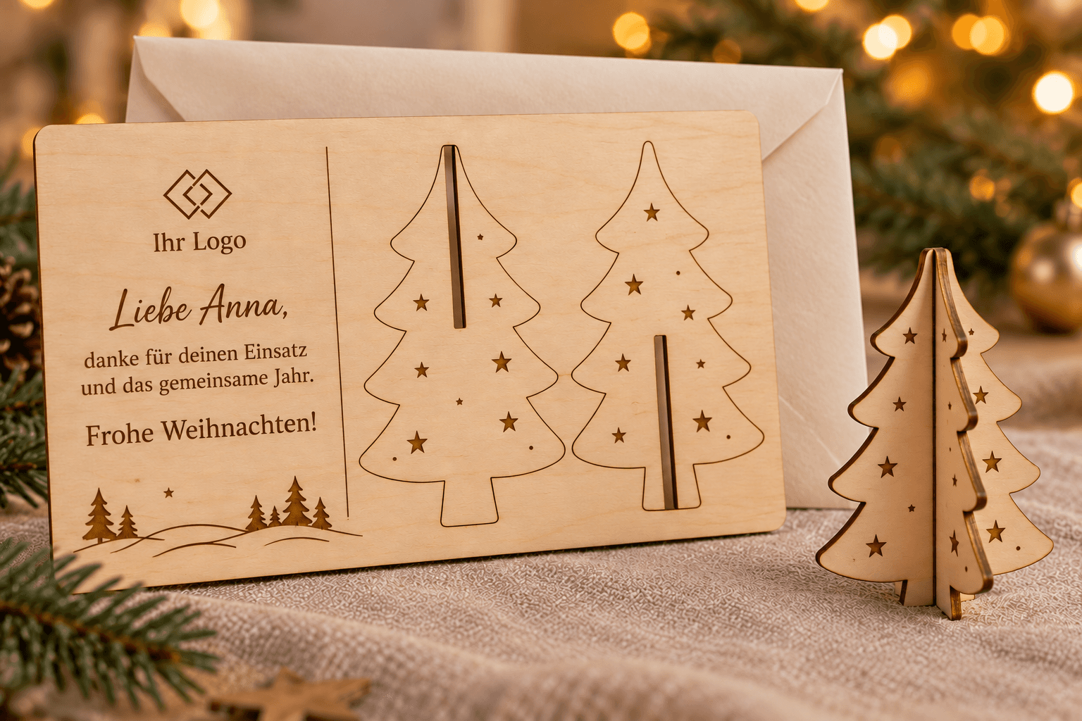 Wooden Christmas card with slot-together tree for businesses