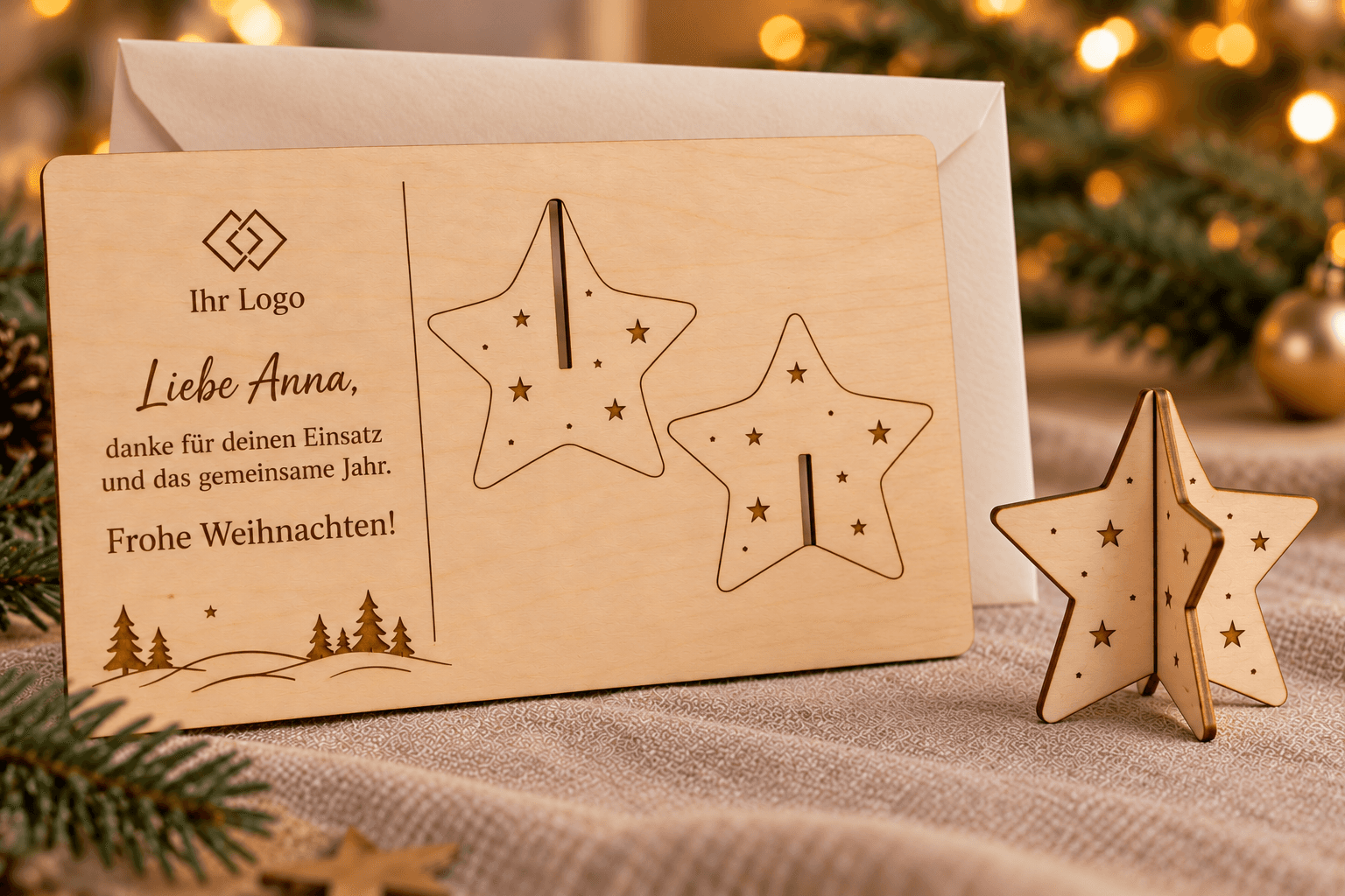 Wooden Christmas card with standing star for businesses