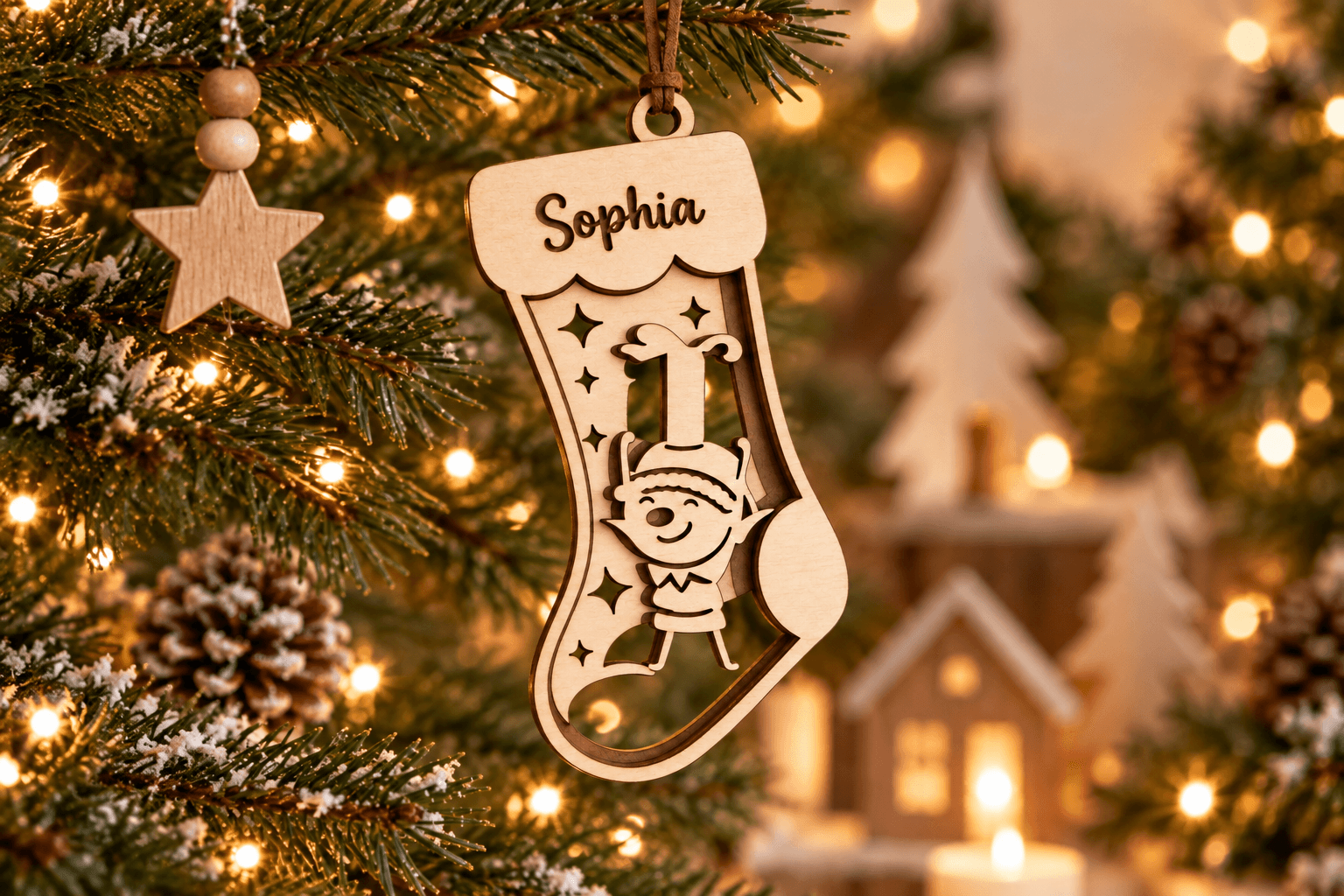 Personalised wooden Christmas stocking ornament